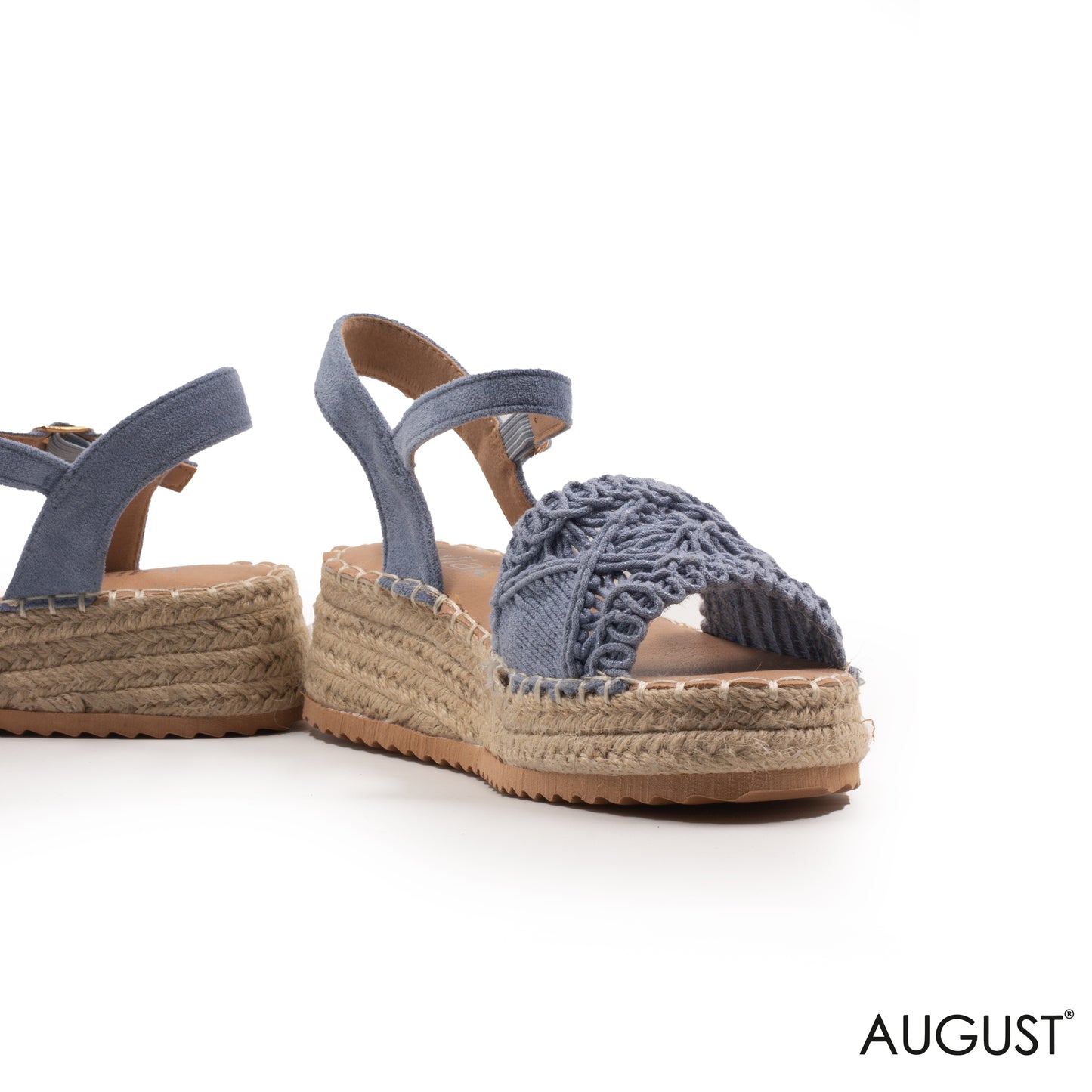 BLUE STRAW WOVEN FLAT SANDALS WITH WEDGE SOLE