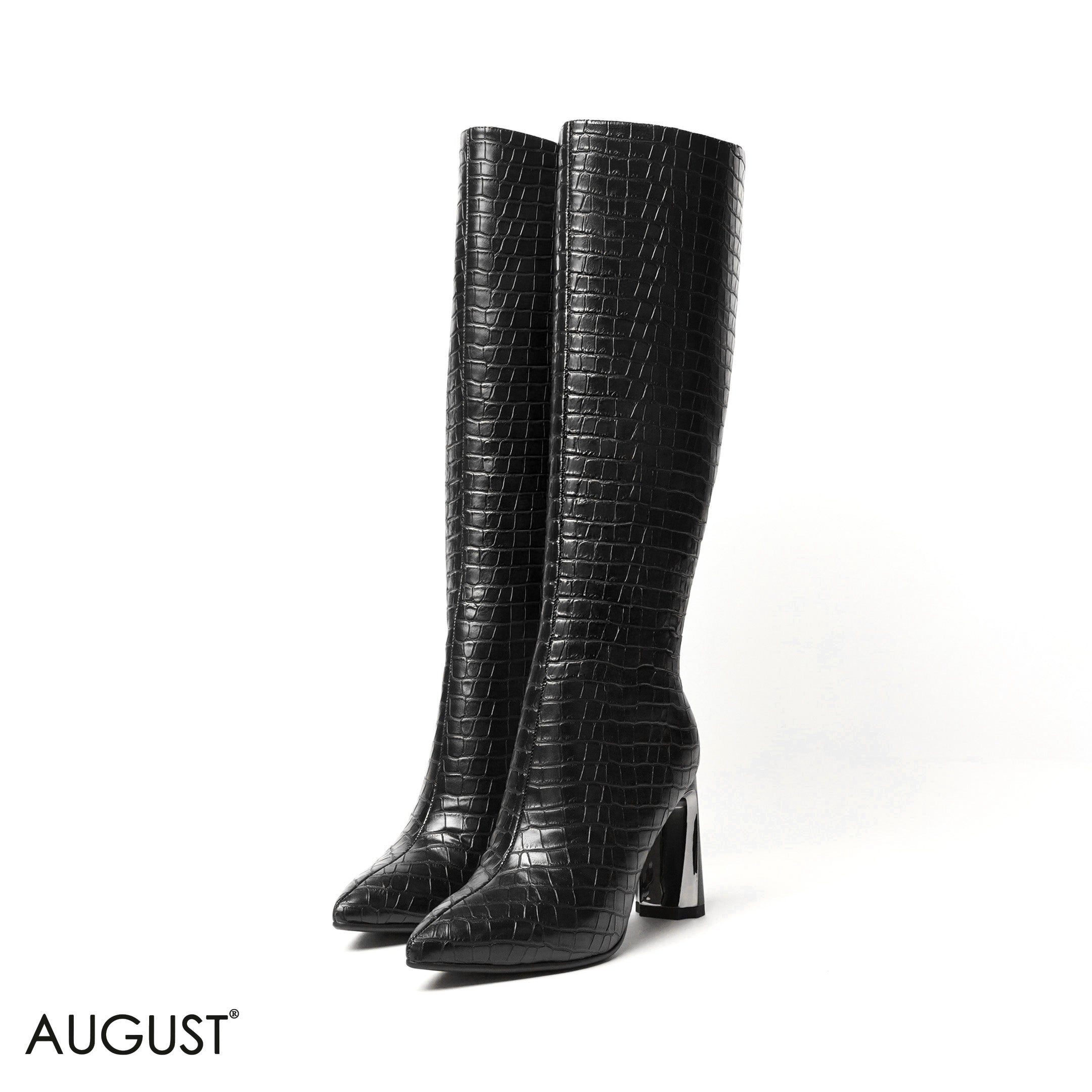 BLACK CROC LEATHER HEELED LONG BOOTS WITH SIDE ZIPPER