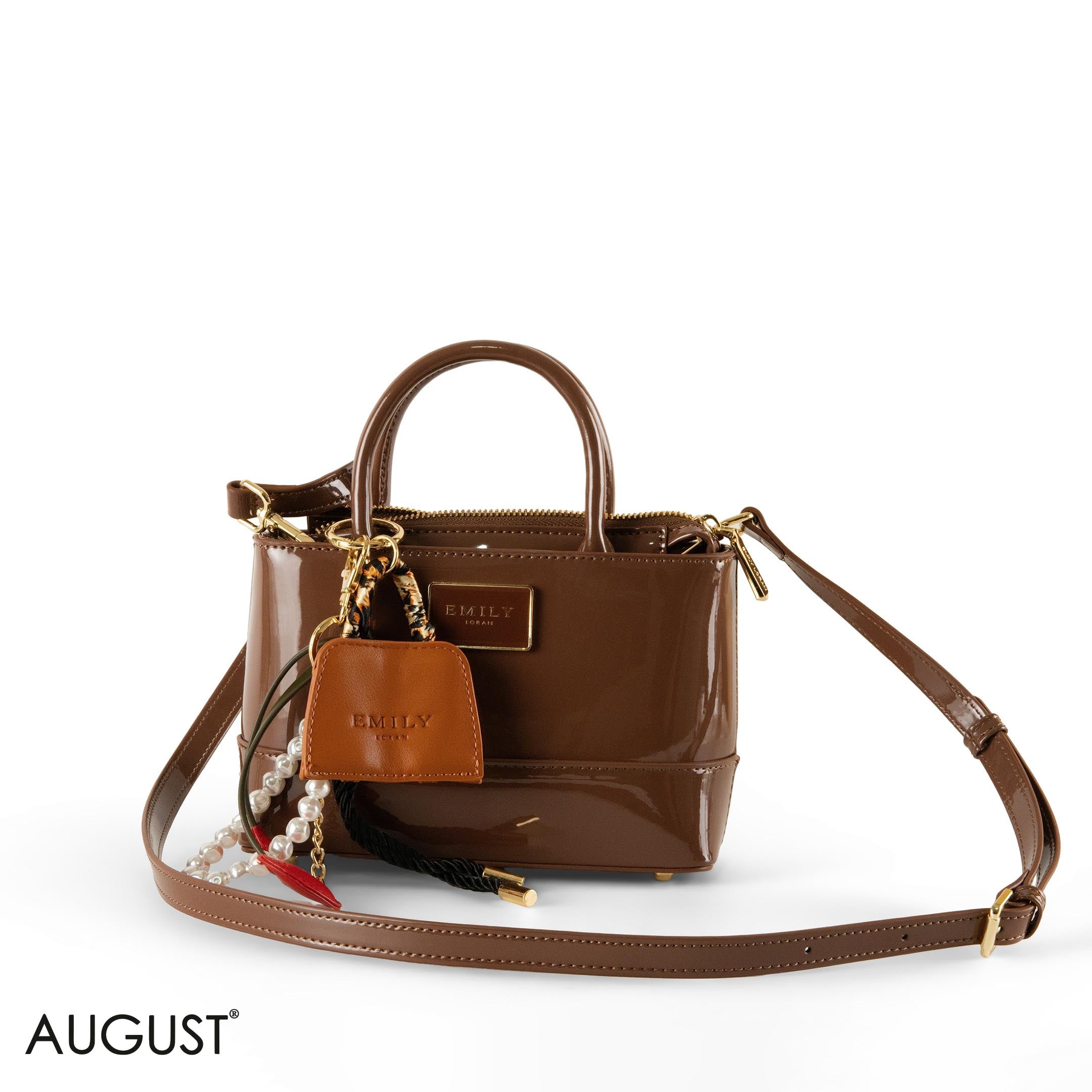 BROWN GLOSSY LEATHER HANDBAG WITH ACCESSORIES- SMALL