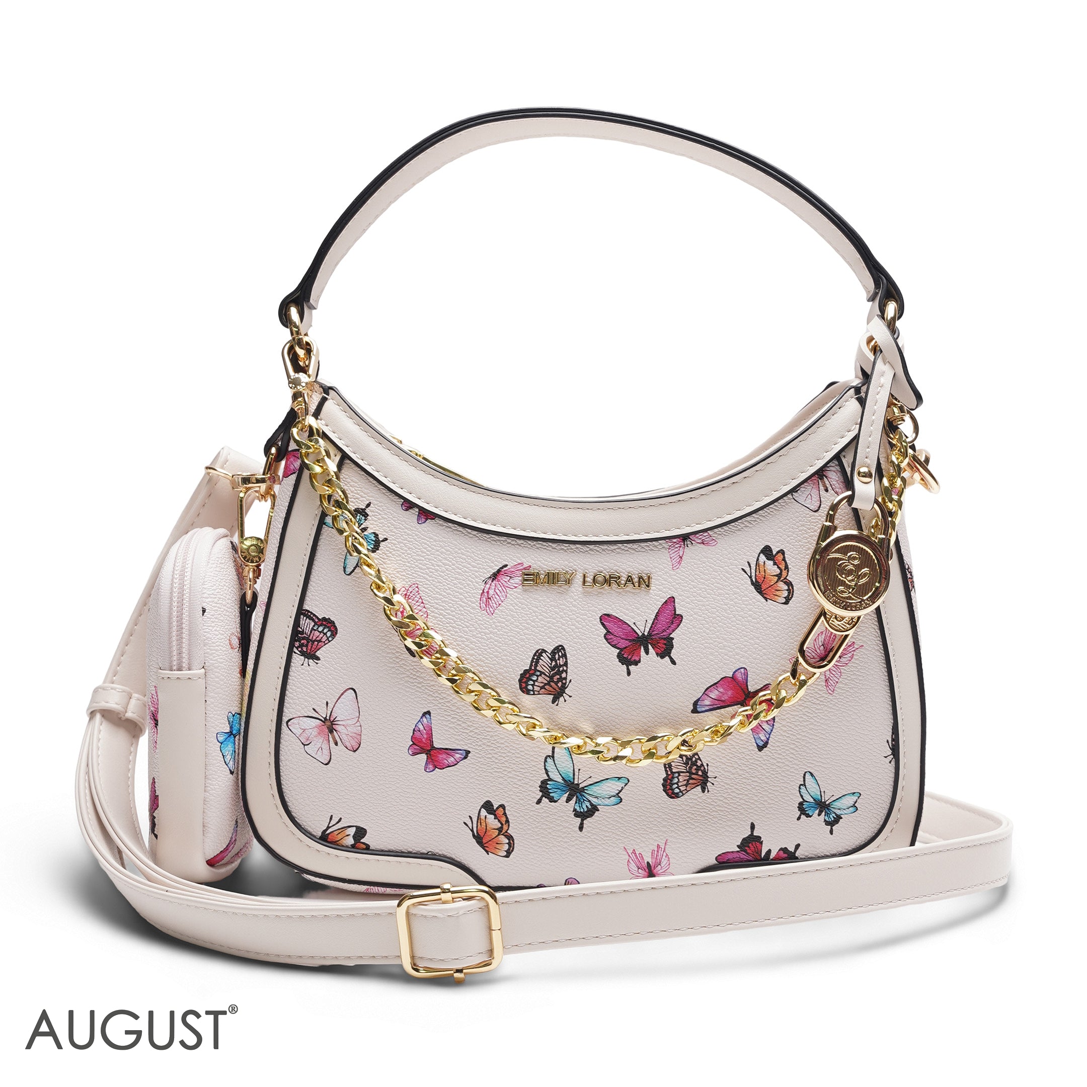 WHITE BUTTERFLY PRINT HOBO BAG WITH SIDE POUCH