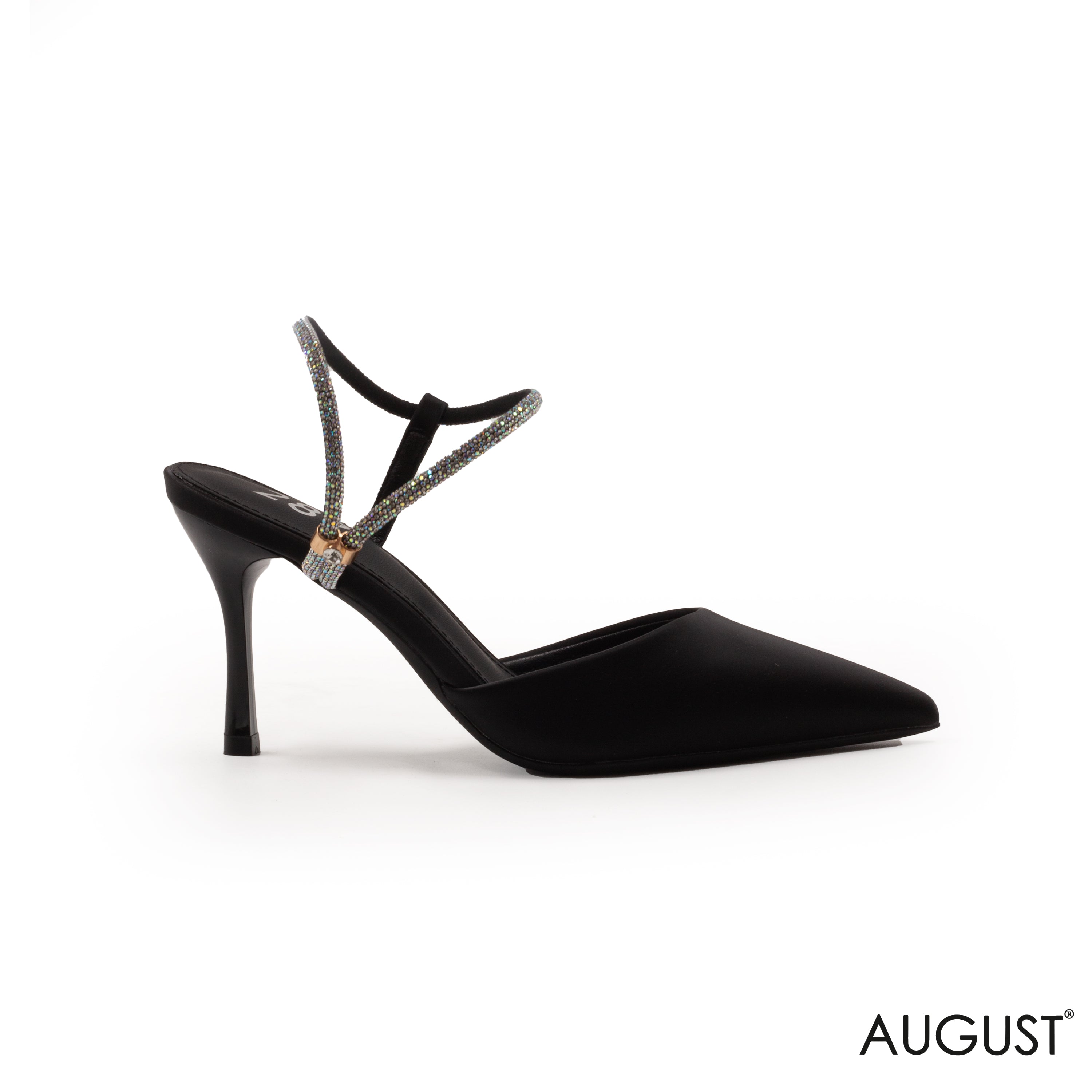 LEATHER MED-HEEL SHOES WITH RHINESTONE-STUDDED ANKLE STRAP