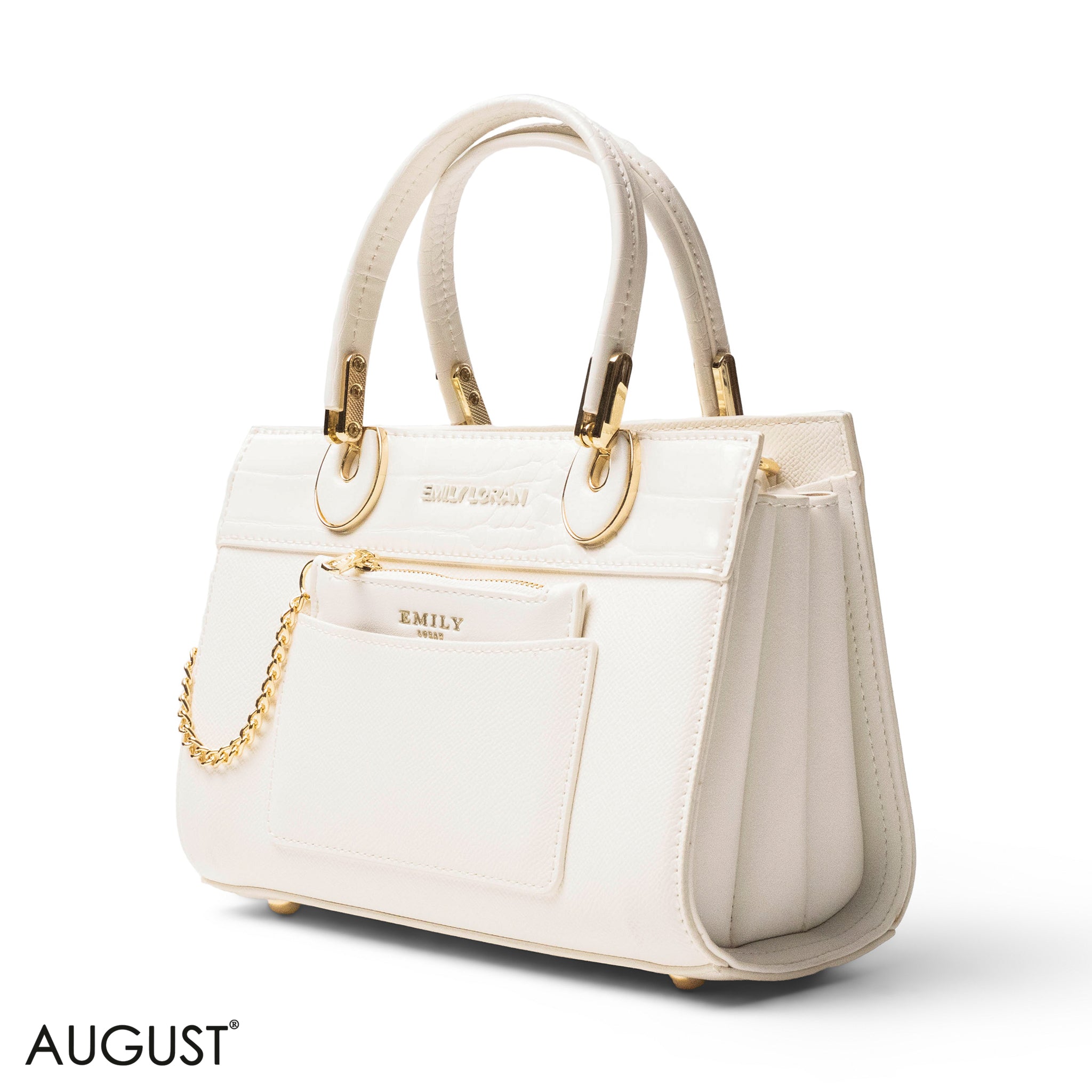 WHITE LEATHER SMOOTH HANDBAG WITH CROC DETAILS-SMALL