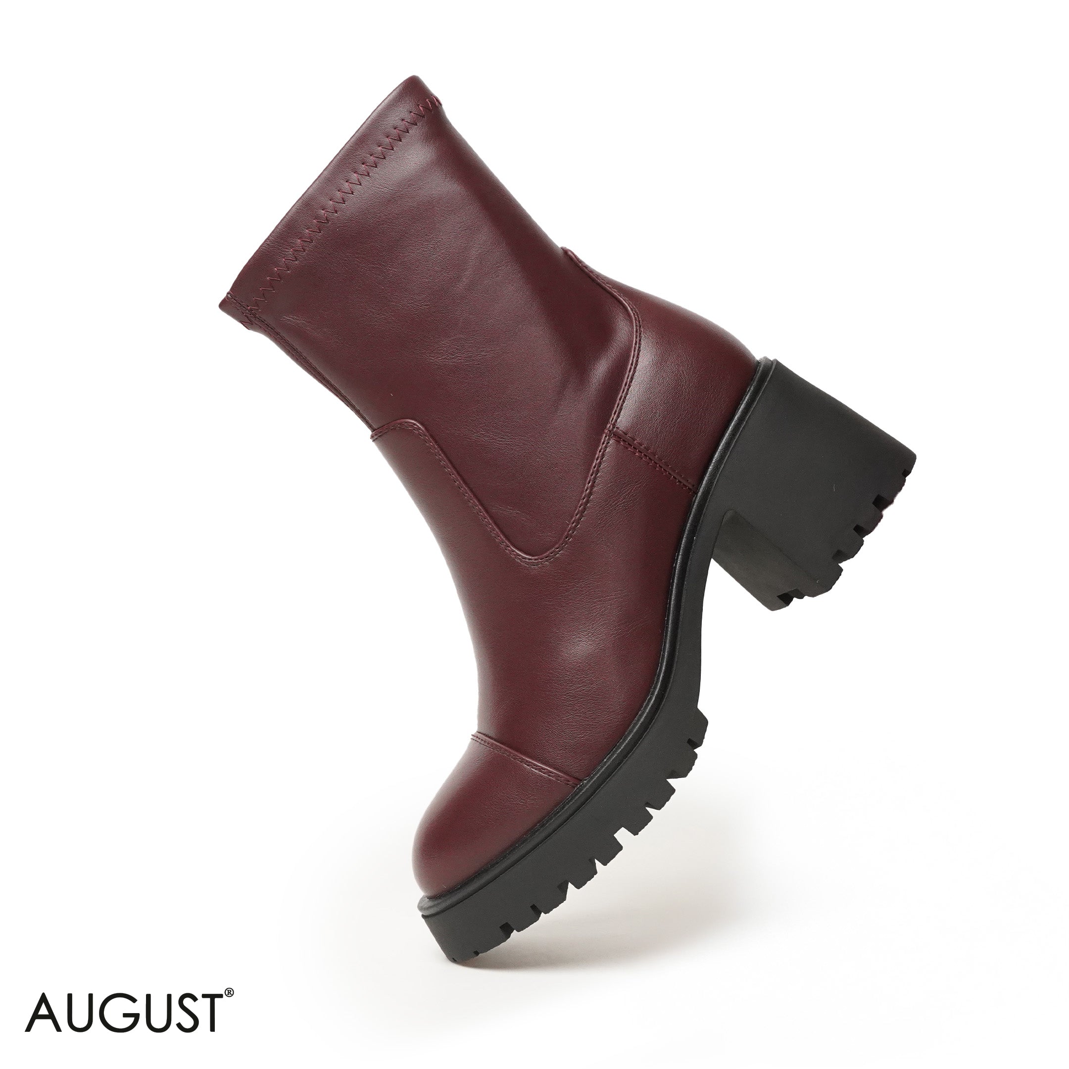 BURGUNDY LEATHER ANKLE BOOTS WITH THICK SOLE