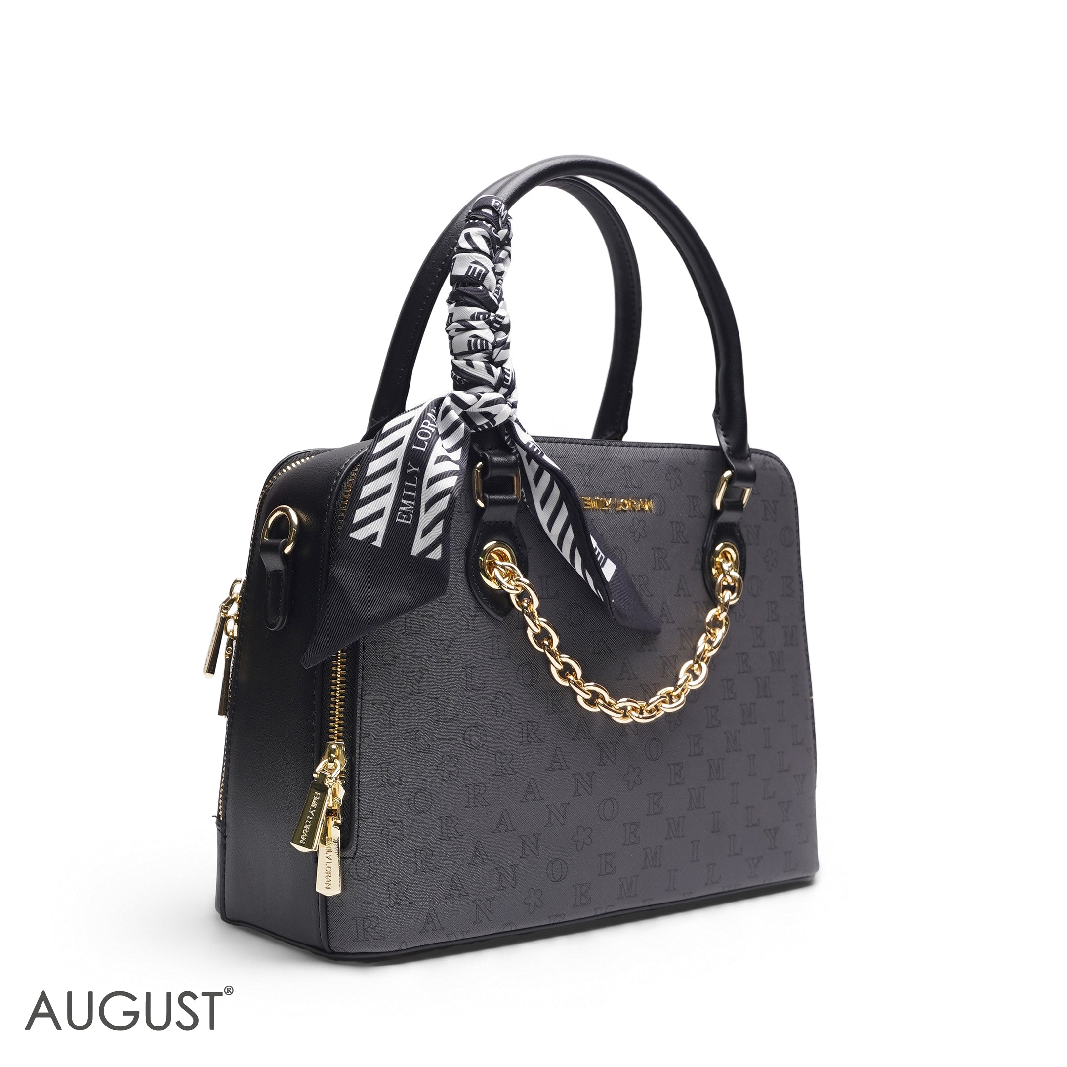 BLACK EMILY LETTER PRINT SATCHEL BAG WITH SCARF ACCENT - MED