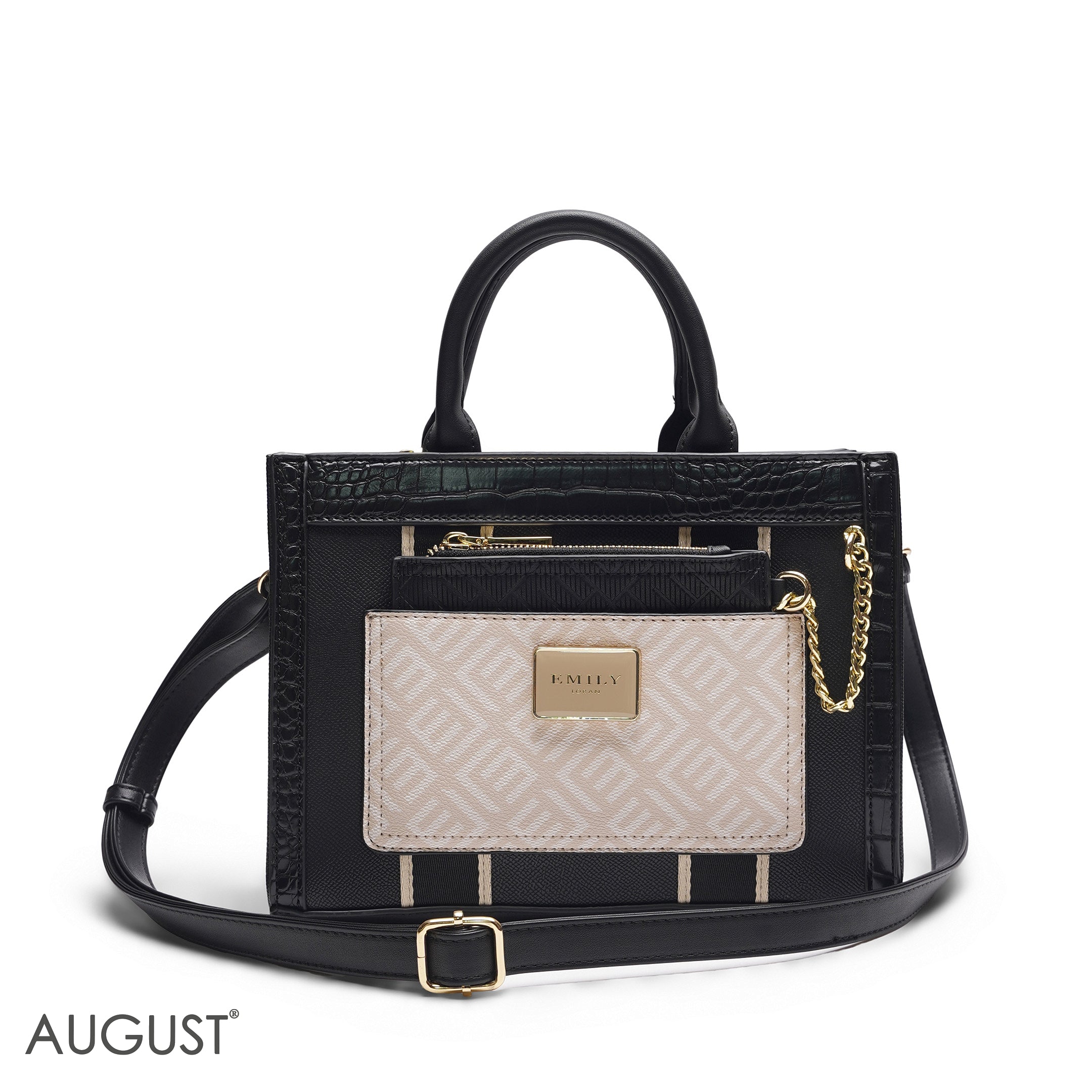 EMILY EMBOSSED LOGO TOTE BAG - BLACK & CREAM - MED