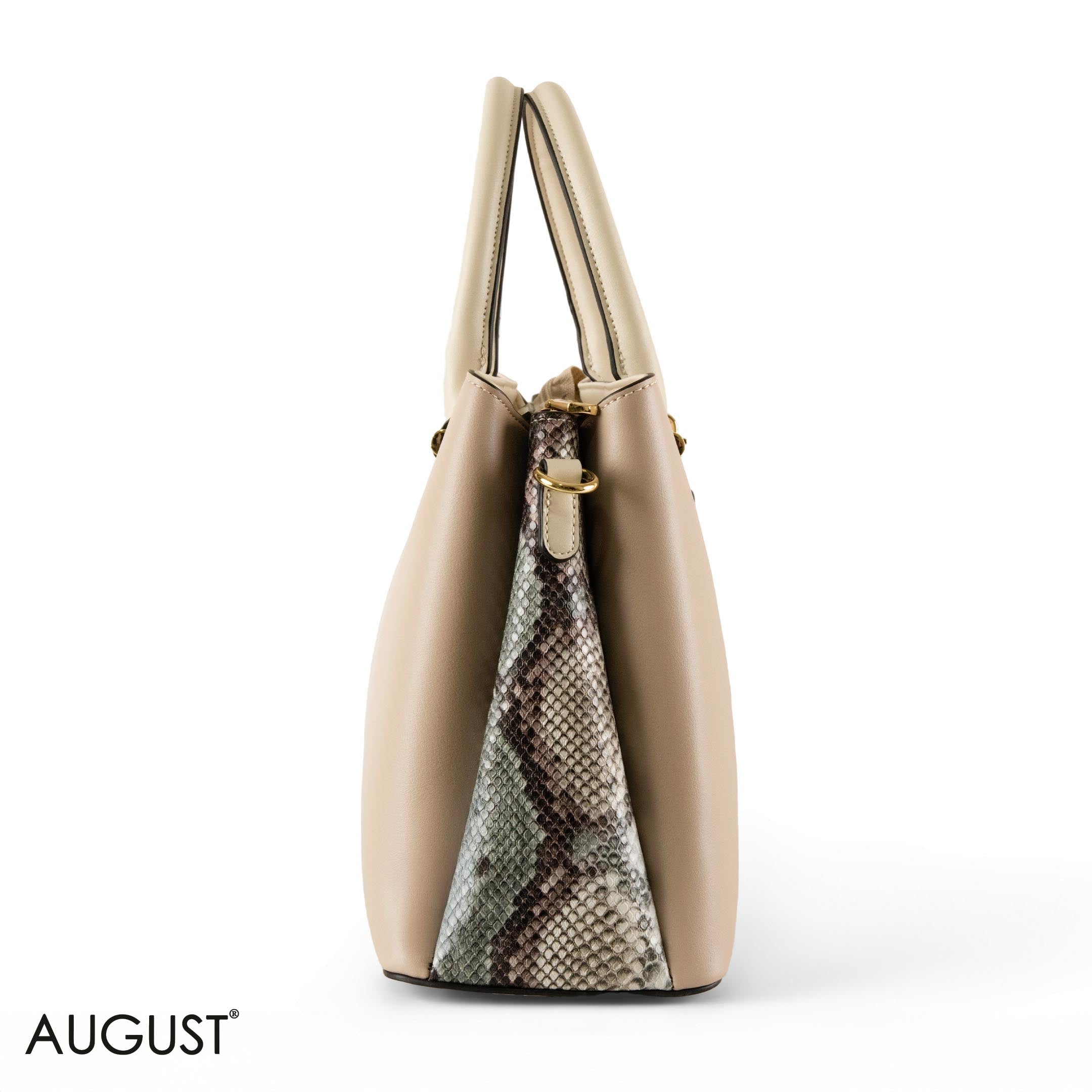 BEIGE SMOOTH LEATHER HANDBAG WITH SNAKE ACCENTS - LARGE