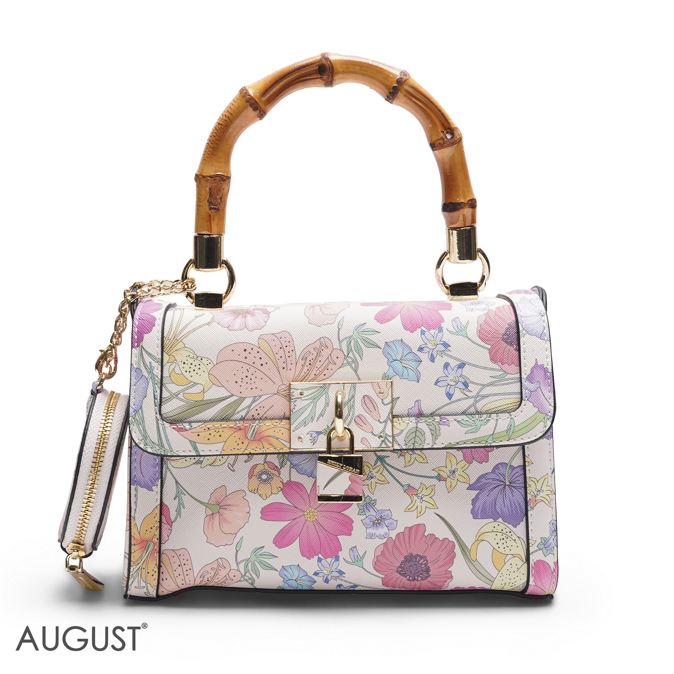FLORAL BAMBOO HANDLE BAG WITH ROUND POUCH