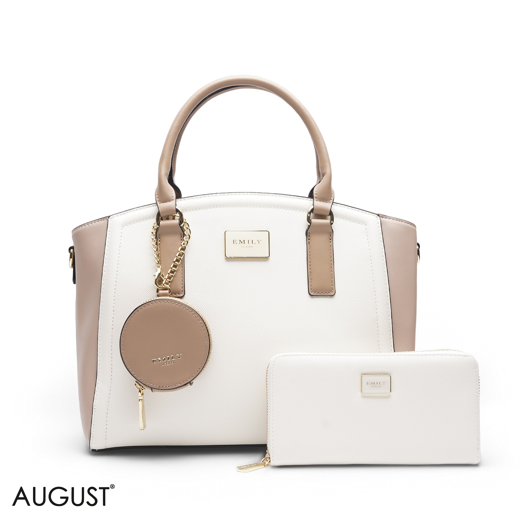 WHITE & TAN TOTE BAG WITH WALLET - LARGE