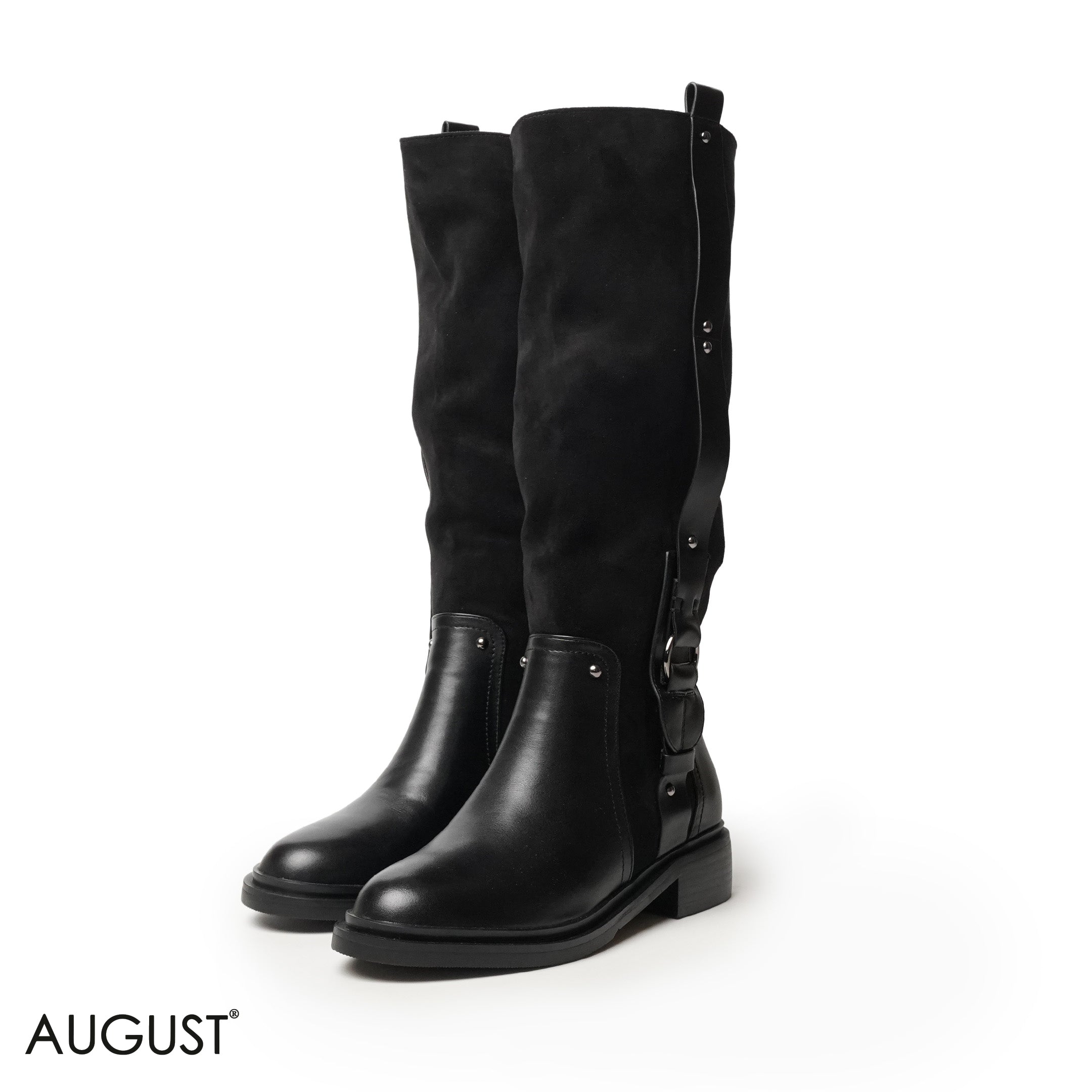 BLACK CHAMOIS LEATHER LONG BOOTS WITH SIDE ZIPPER