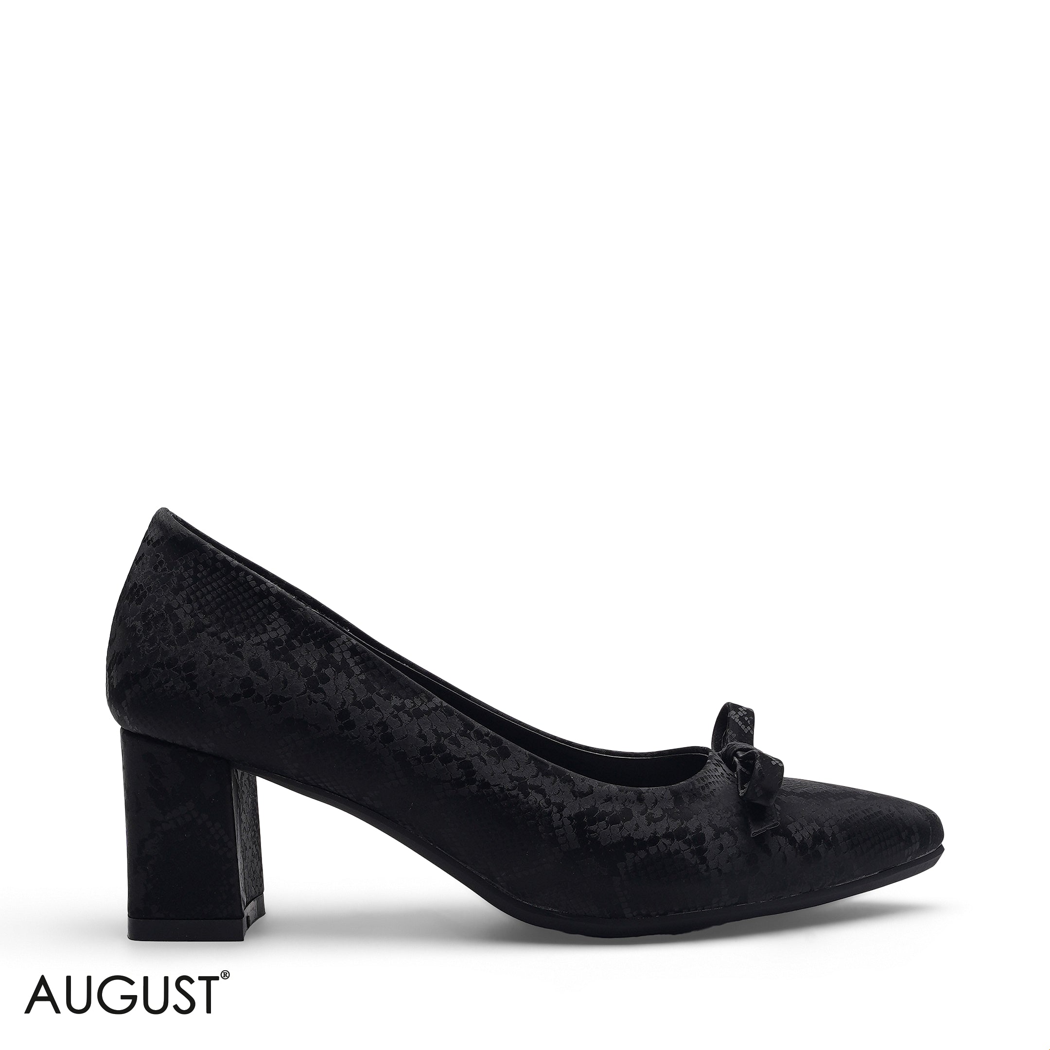 BLACK FEMININE BOW ACCENT BLOCK HEEL PUMPS