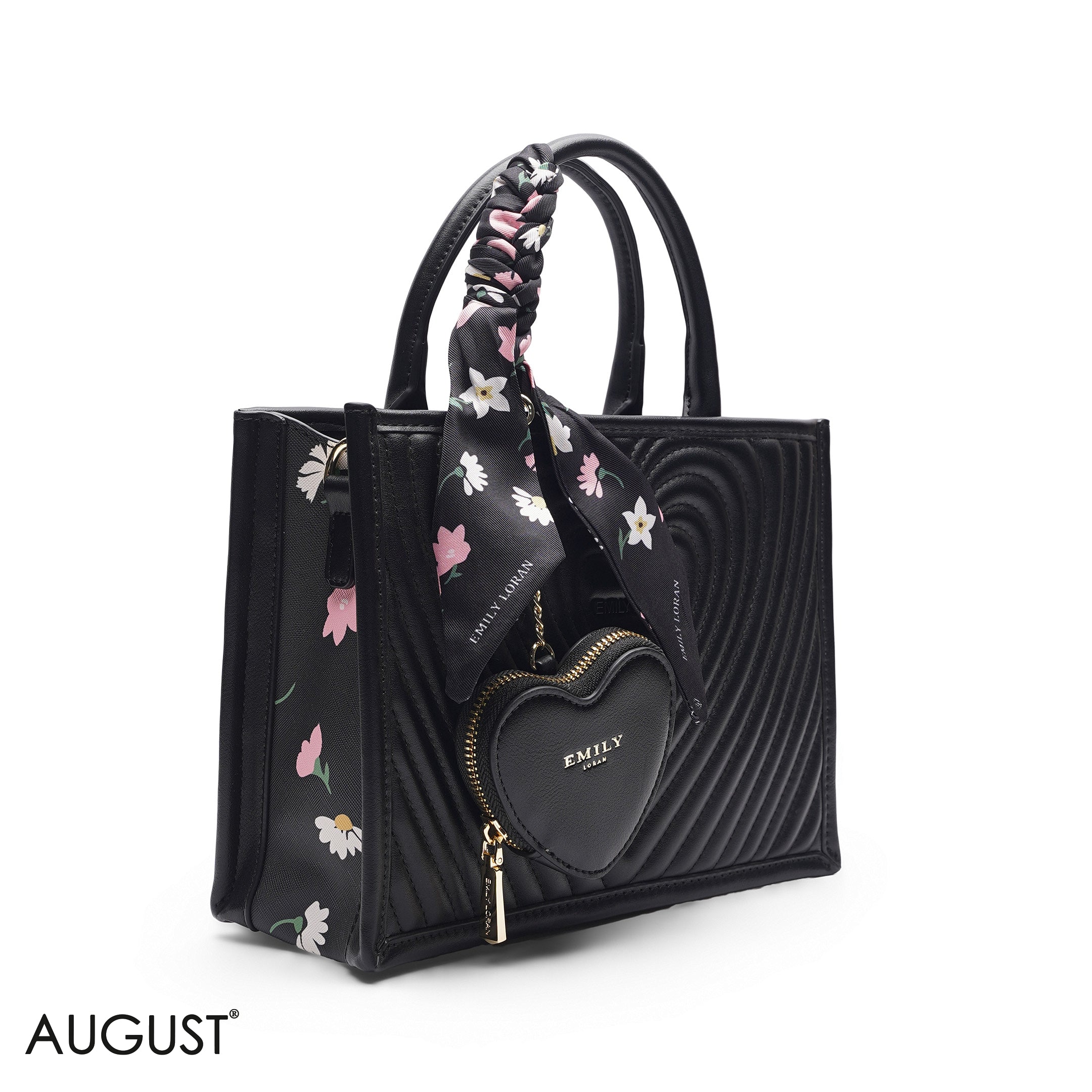 HEART QUILTED FLORAL SCARF BLACK TOTE BAG