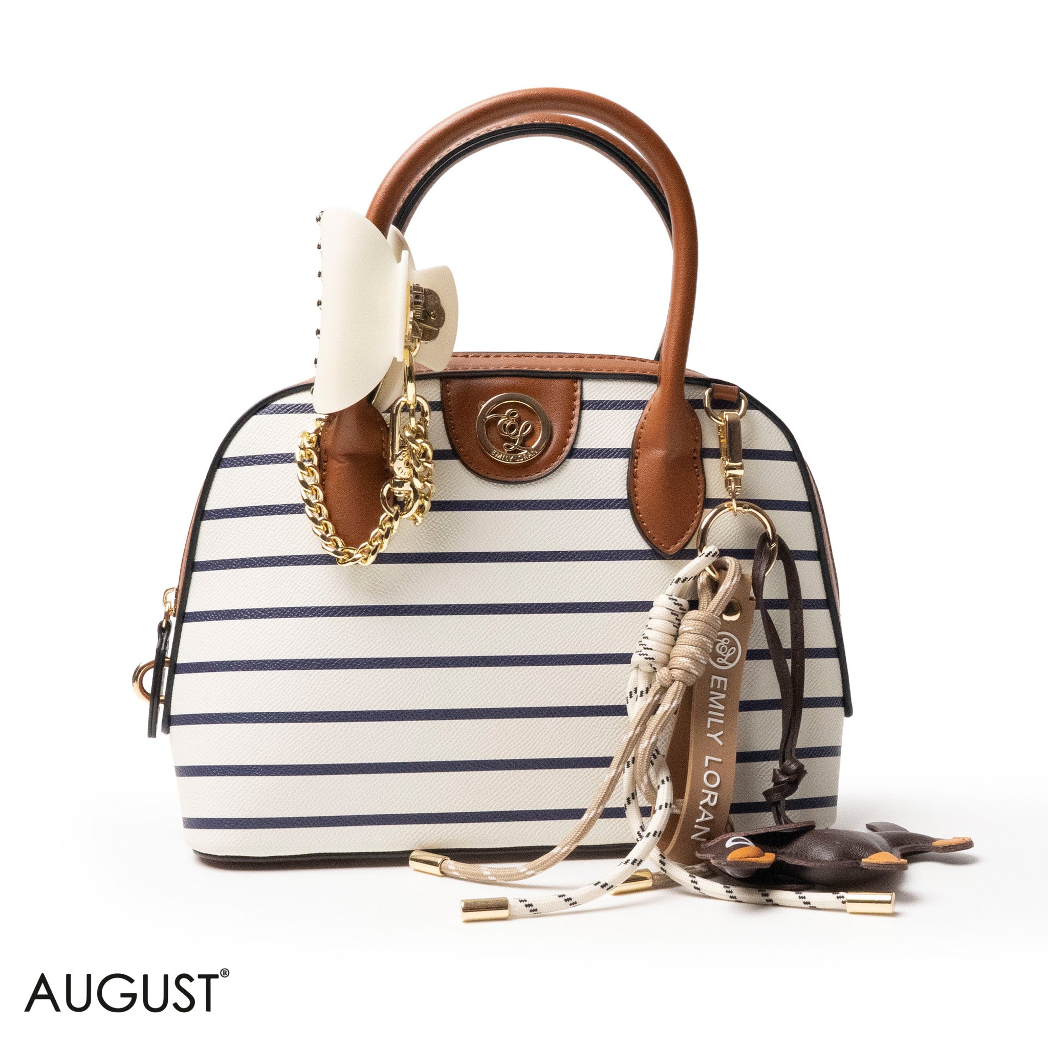 STRIPPED NAVY LEATHER HANDBAG WITH ACCESSORIES -MED