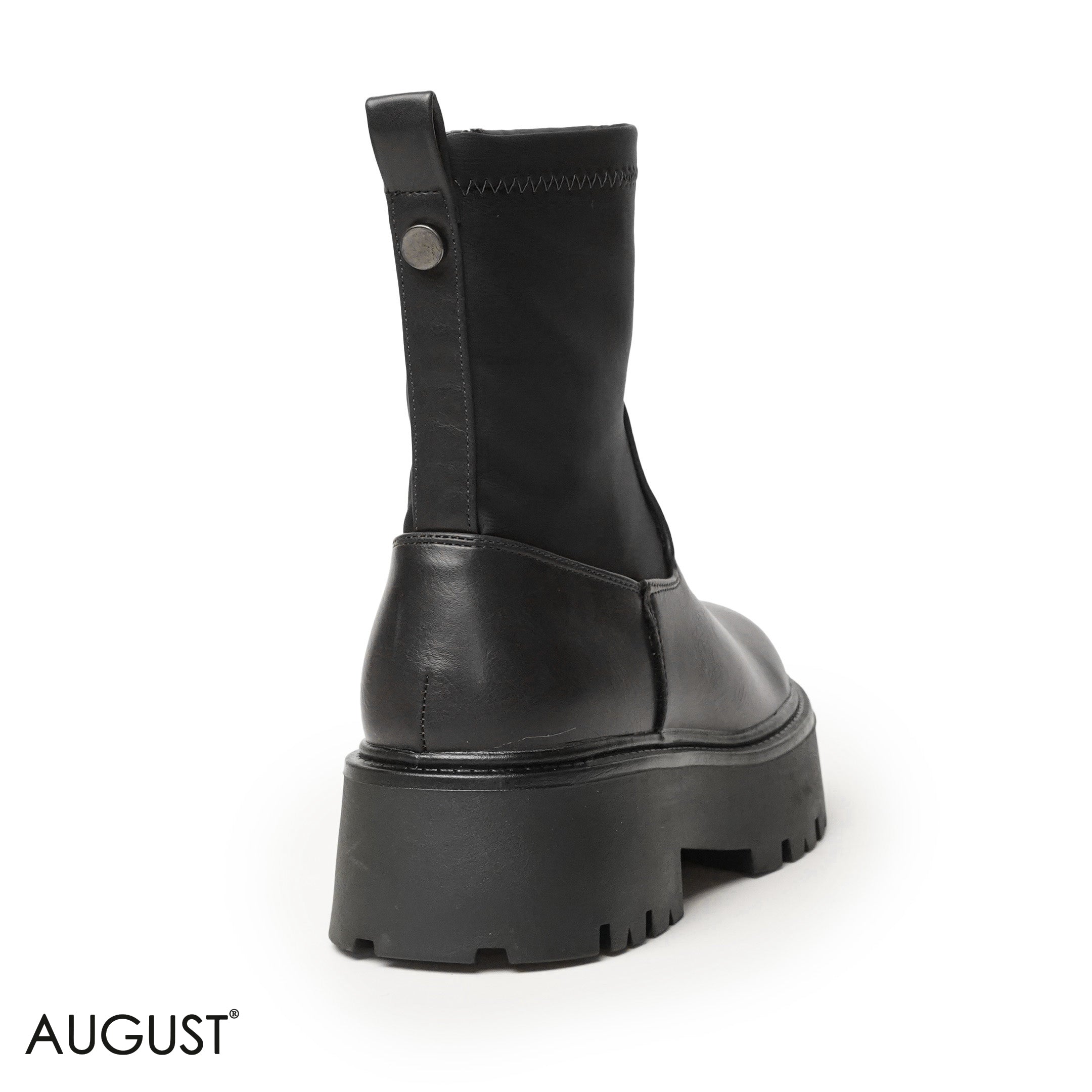 BLACK LEATHER ANKLE BOOTS WITH THICK SOLE,BACK ZIPPER