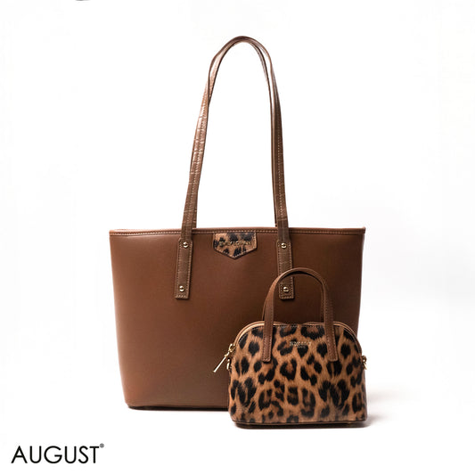 LEOPARD -PRINT LEATHER SHOULDERS BAG WITH A SMALL BAG - LARGE