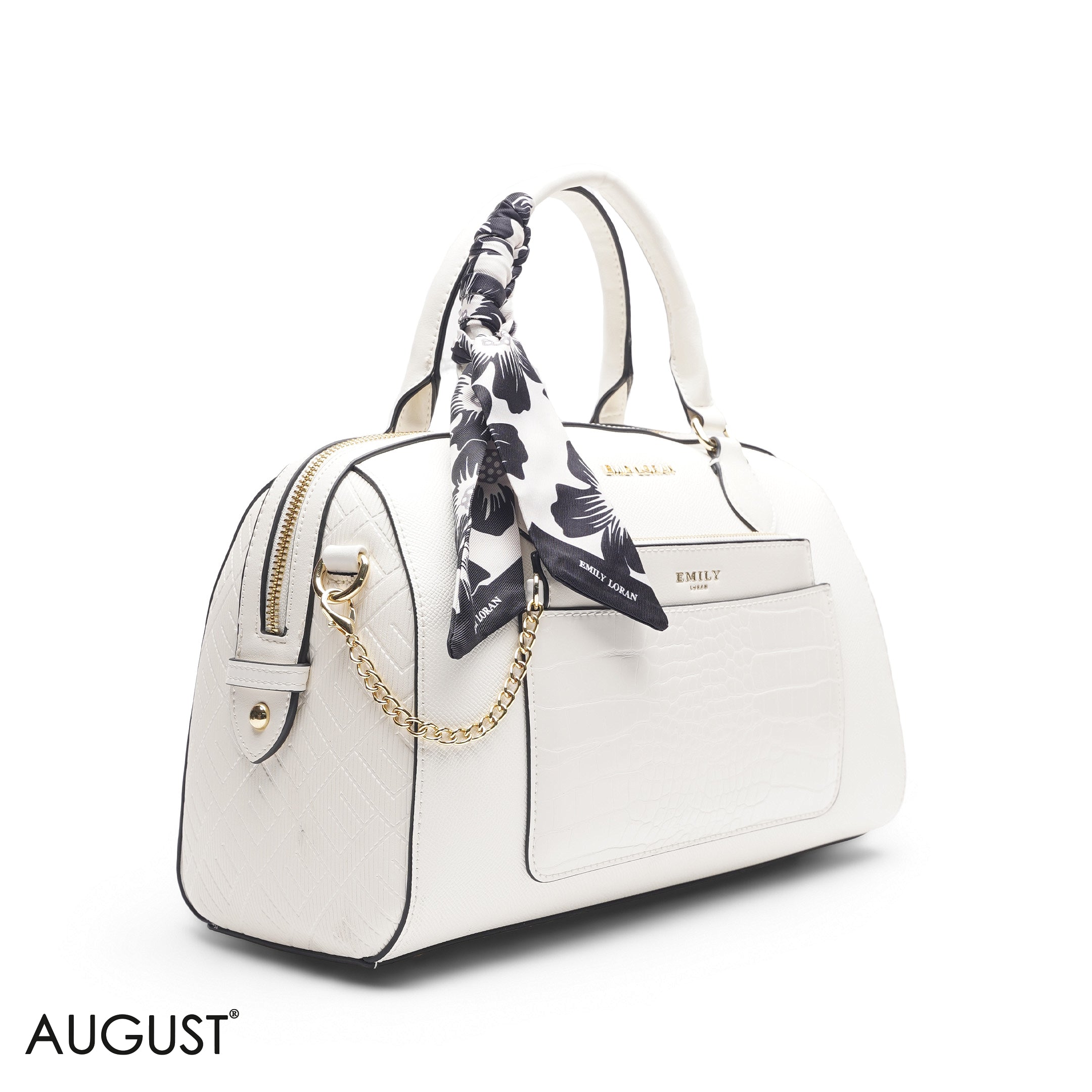 WHITE FLORAL BAG WITH FRONT POUCH & SCARF - LARGE