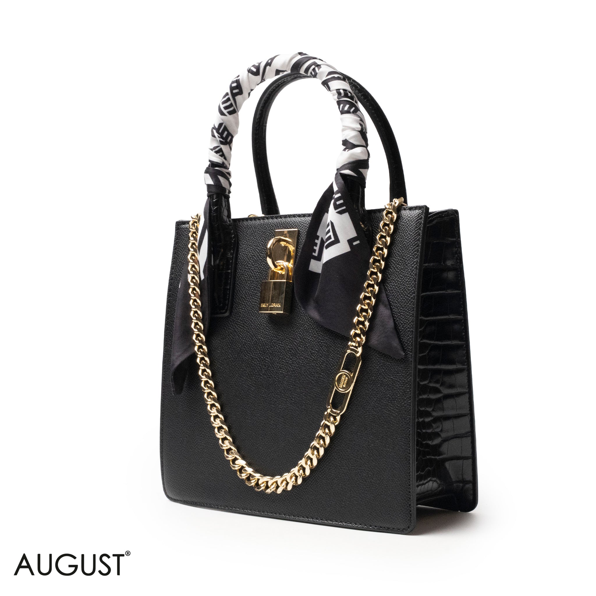 BLACK LEATHER HANDBAG WITH SILKY SCARF, METAL CHAIN - MED