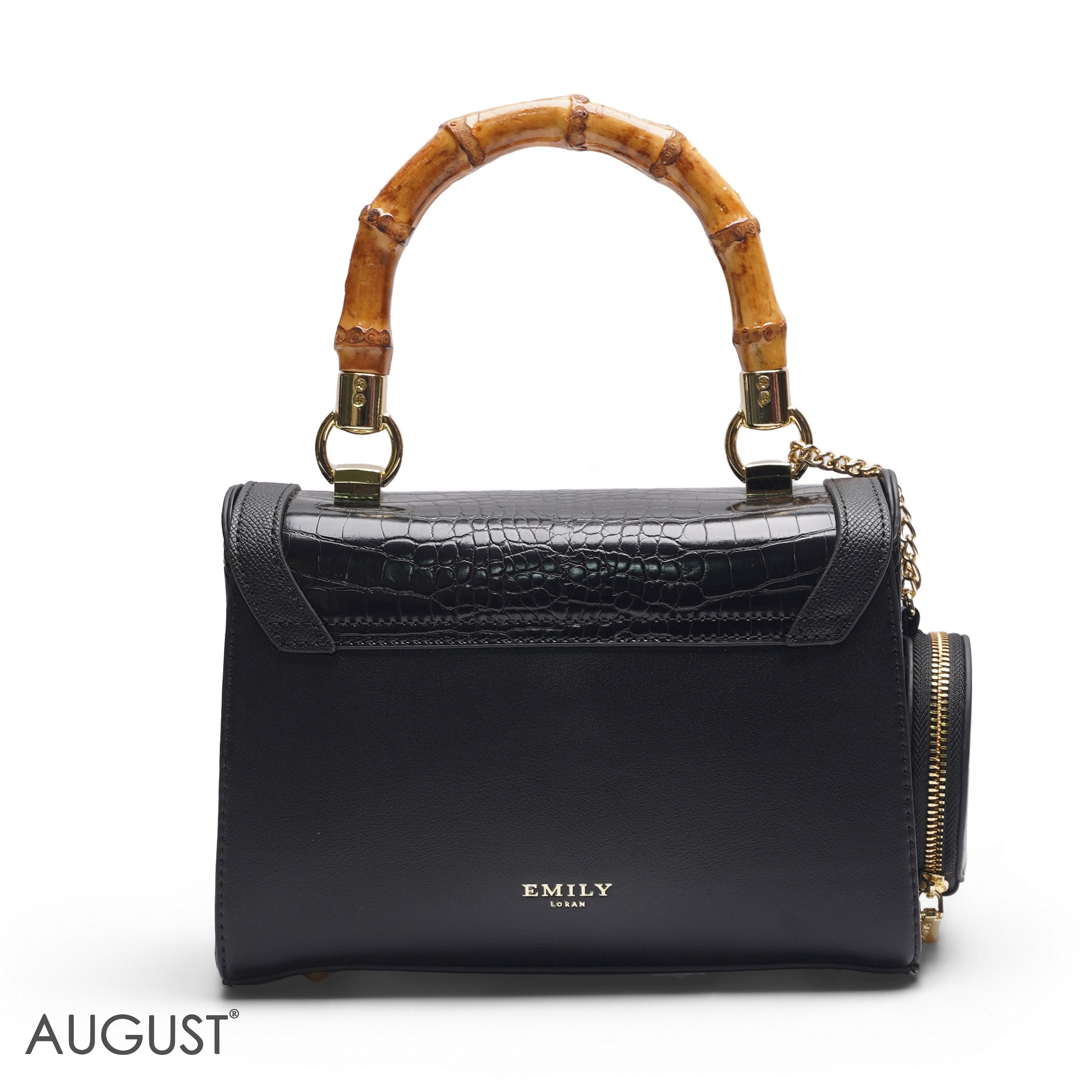 BLACK BAMBOO HANDLE BAG WITH ROUND POUCH