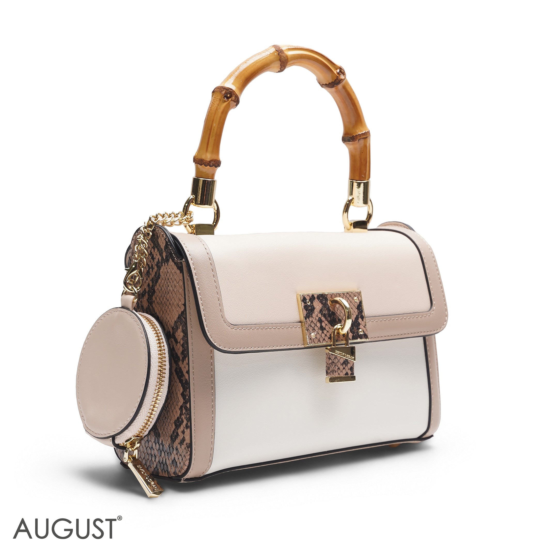 BEIGE & PINK BAMBOO HANDLE BAG WITH ROUND POUCH