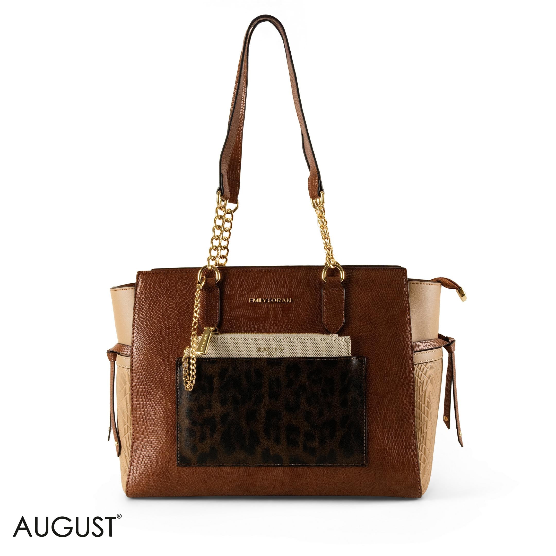 BROWN LEATHER SHOULDER BAG WITH LEOPARD ACCENTS - LARGE