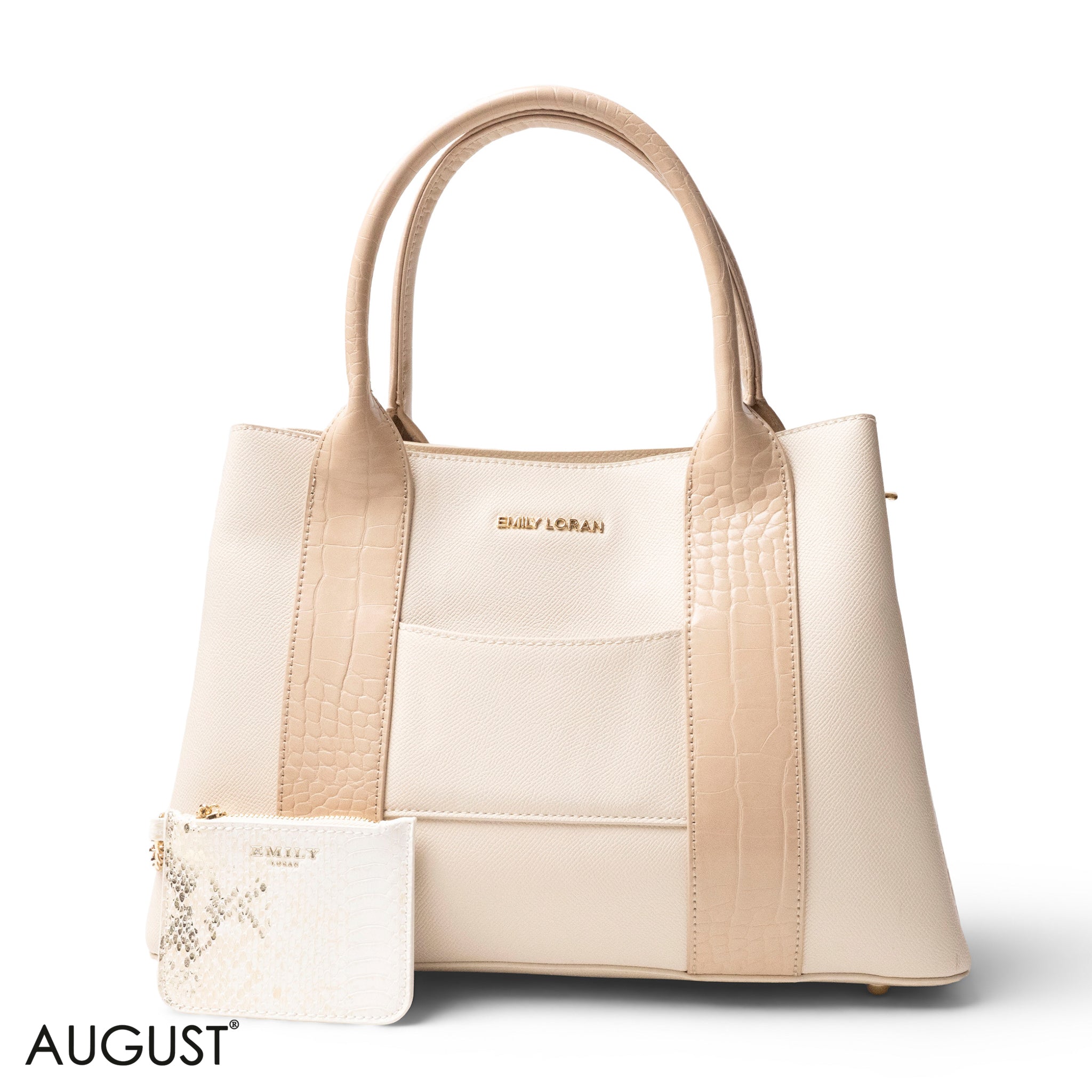 BEIGE SMOOTH LEATHER HANDBAG WITH CROC DESIGN -LARGE