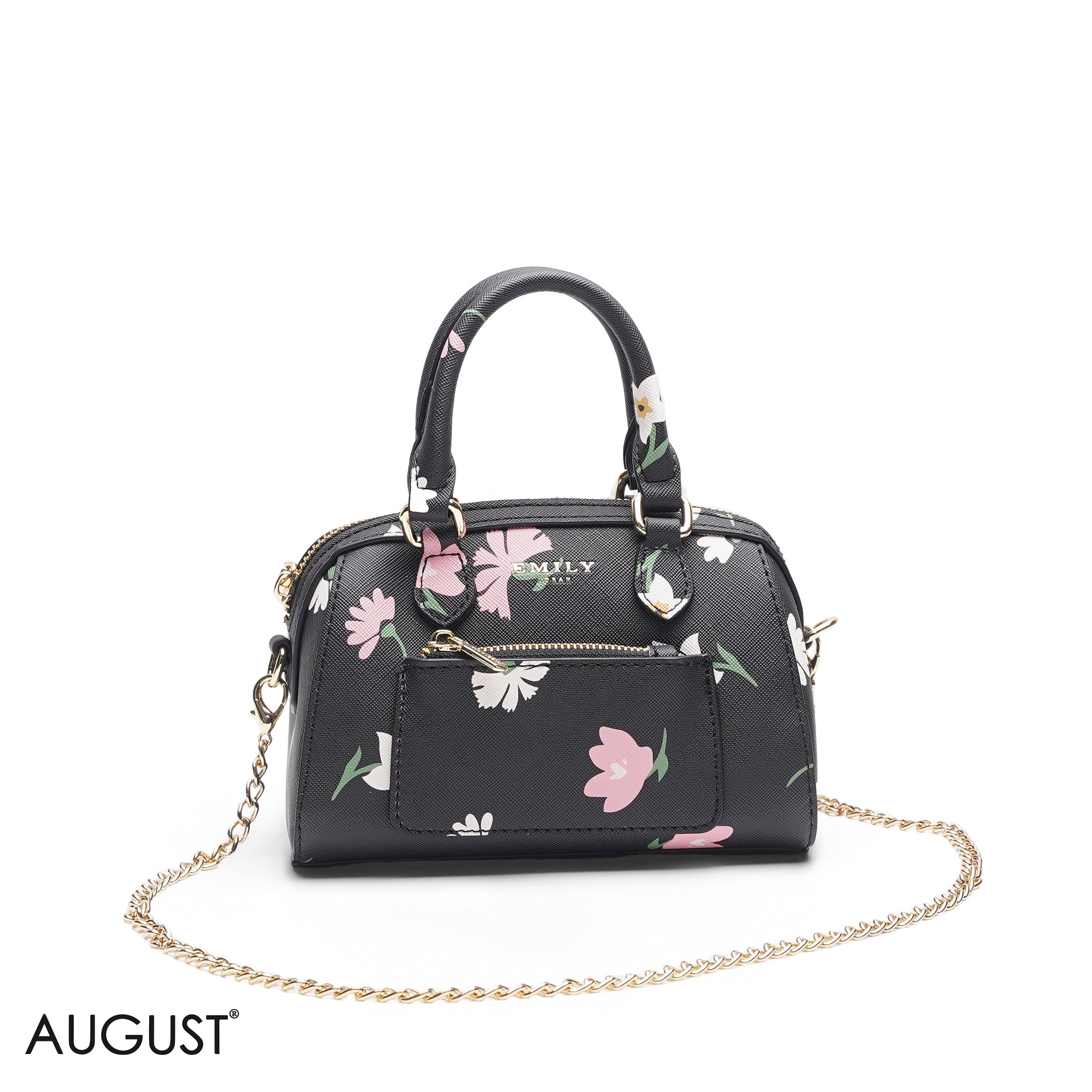 MINI BLACK FLORAL BAG WITH FRONT POUCH & GOLD CHAIN