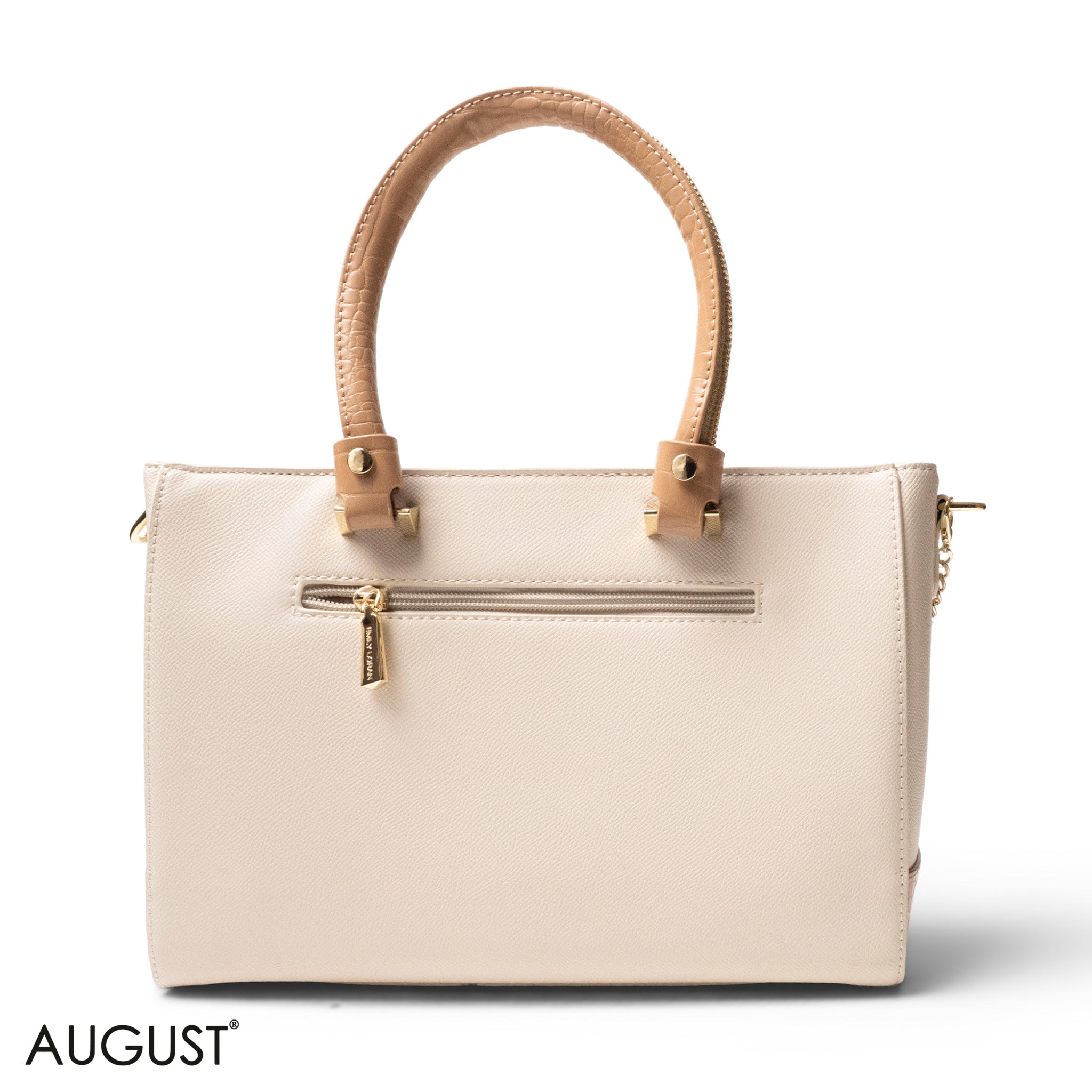 BEIGE LEATHER SMOOTH HANDBAG WITH CROC DETAILS-LARGE
