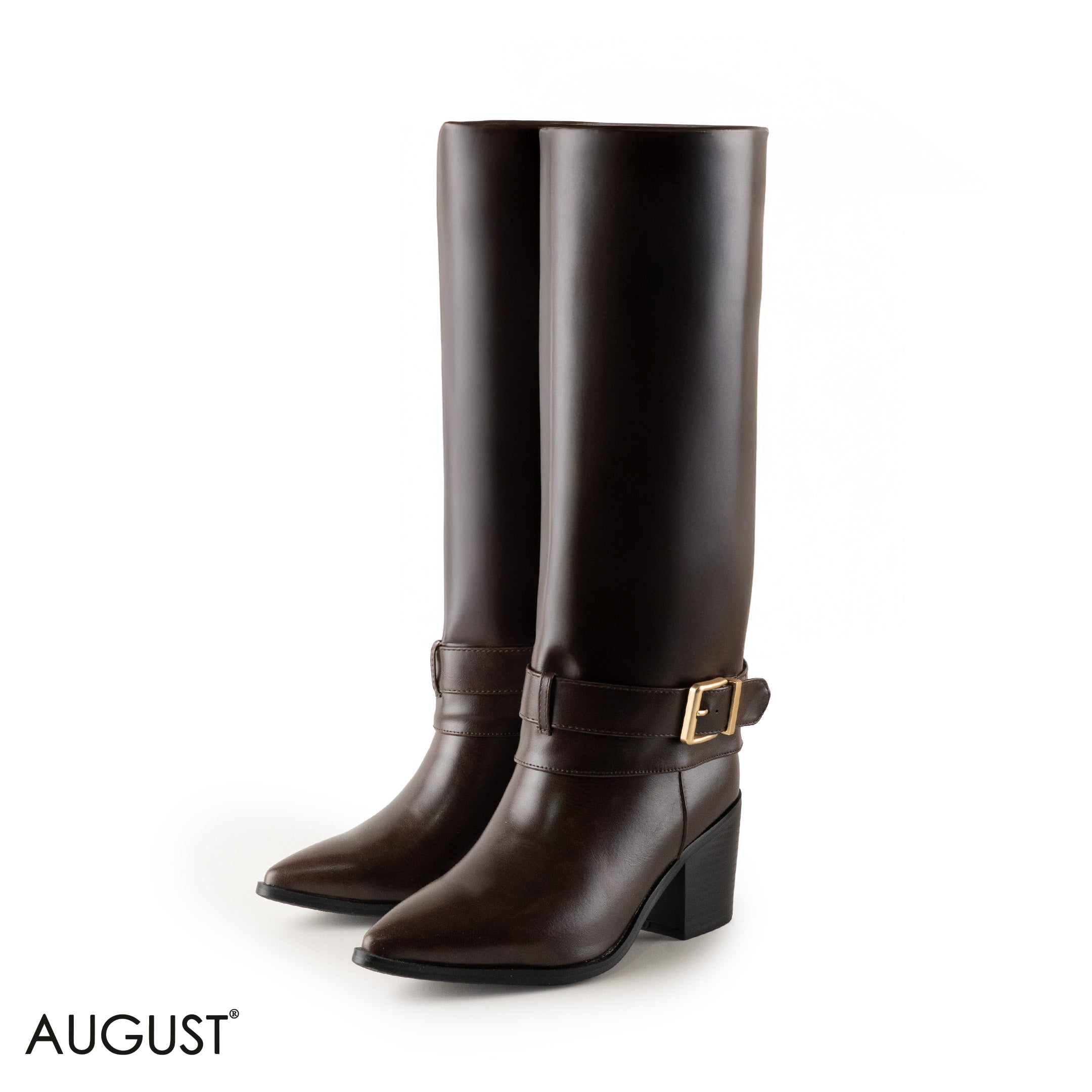 BROWN SMOOTH LEATHER LONG BOOTS WITH BUCKLED