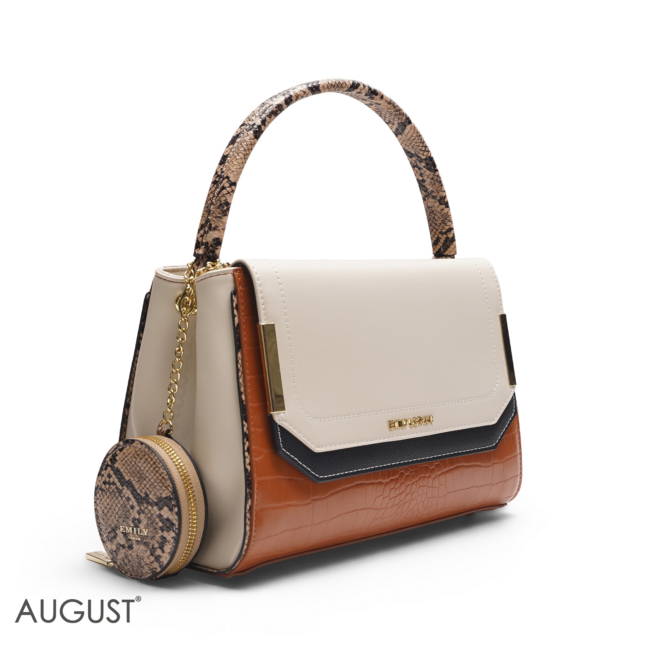 EMILY BEIGE & TAN SNAKESKIN SATCHEL BAG WITH ROUND POUCH - MED