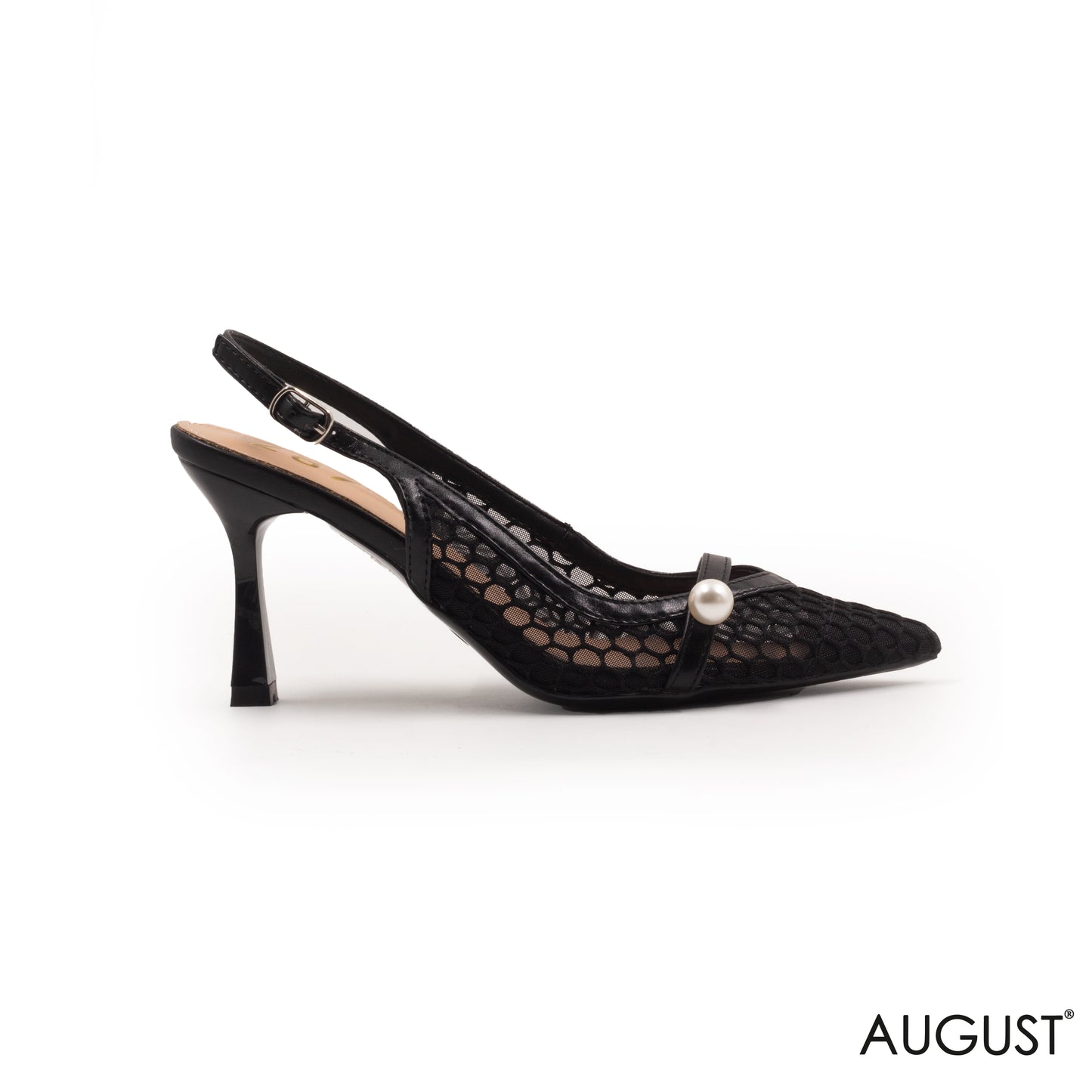 MESH SLINGBACK MED- HEEL SHOES WITH PERAL DETAIL