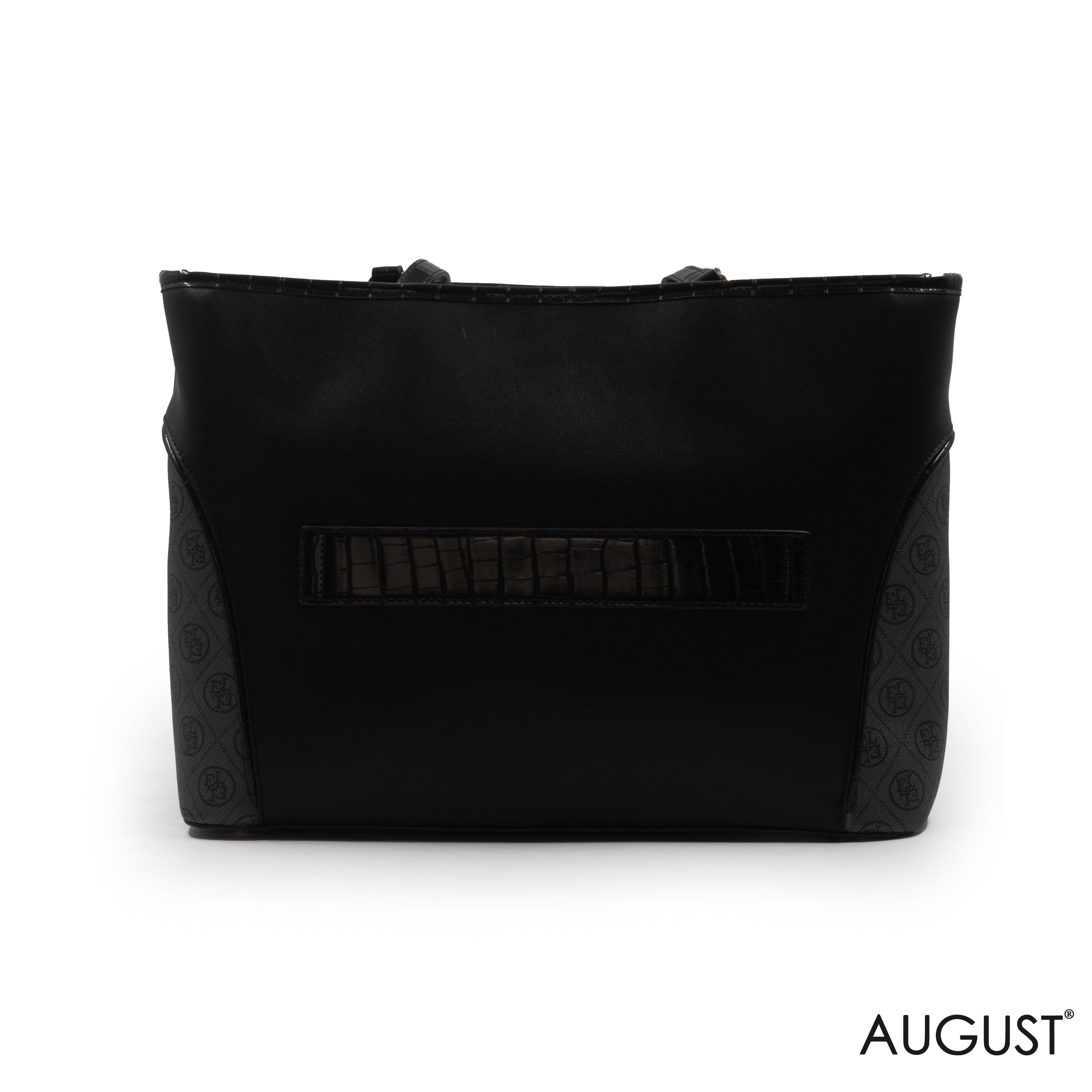 BLACK LEATHER EMILY LORAN HANDBAG WITH PATTERNED TRIM - LARGE