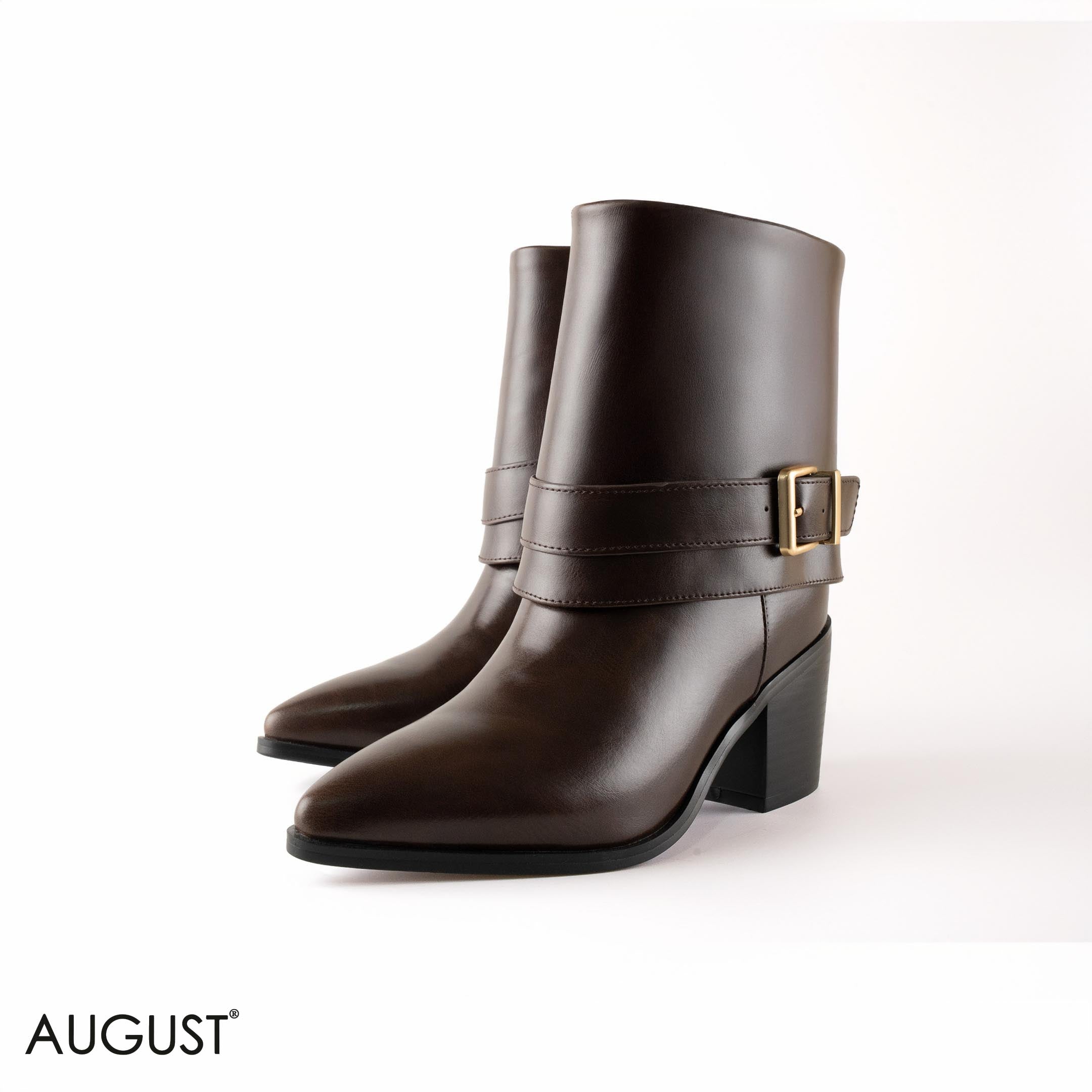 BROWN SMOOTH LEATHER BUCKLED ANKLE BOOTS