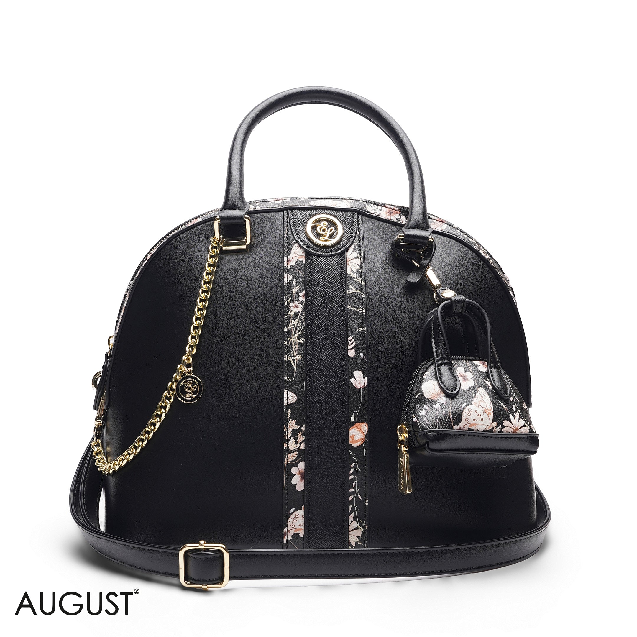 BLACK DOME BAG WITH PINK FLORAL PRINT - LARGE