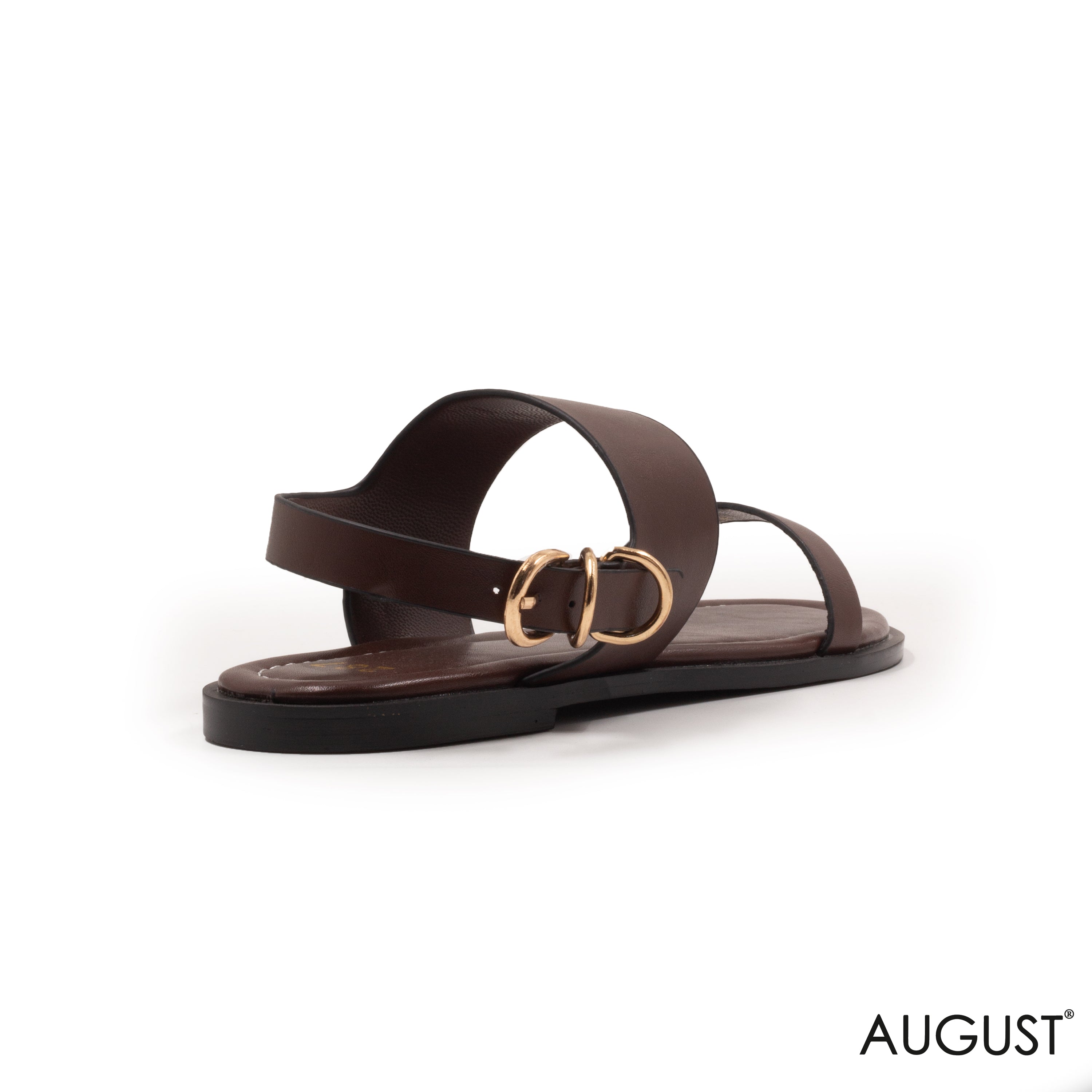SMOOTH DARK BROWN LEATHER FLAT SANDALS WITH BUCKLED