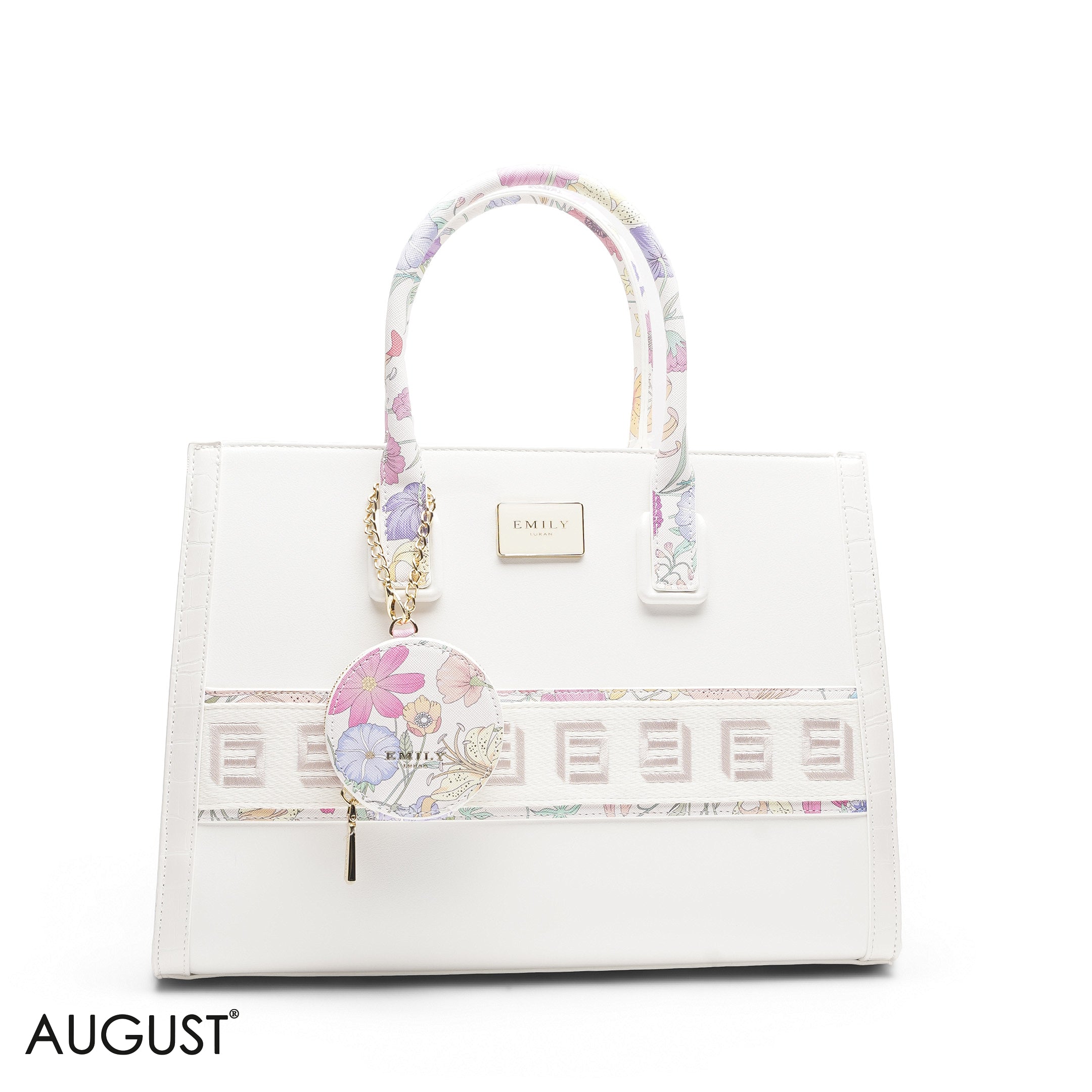 WHITE FLORAL TOTE WITH STRAP & ROUND POUCH