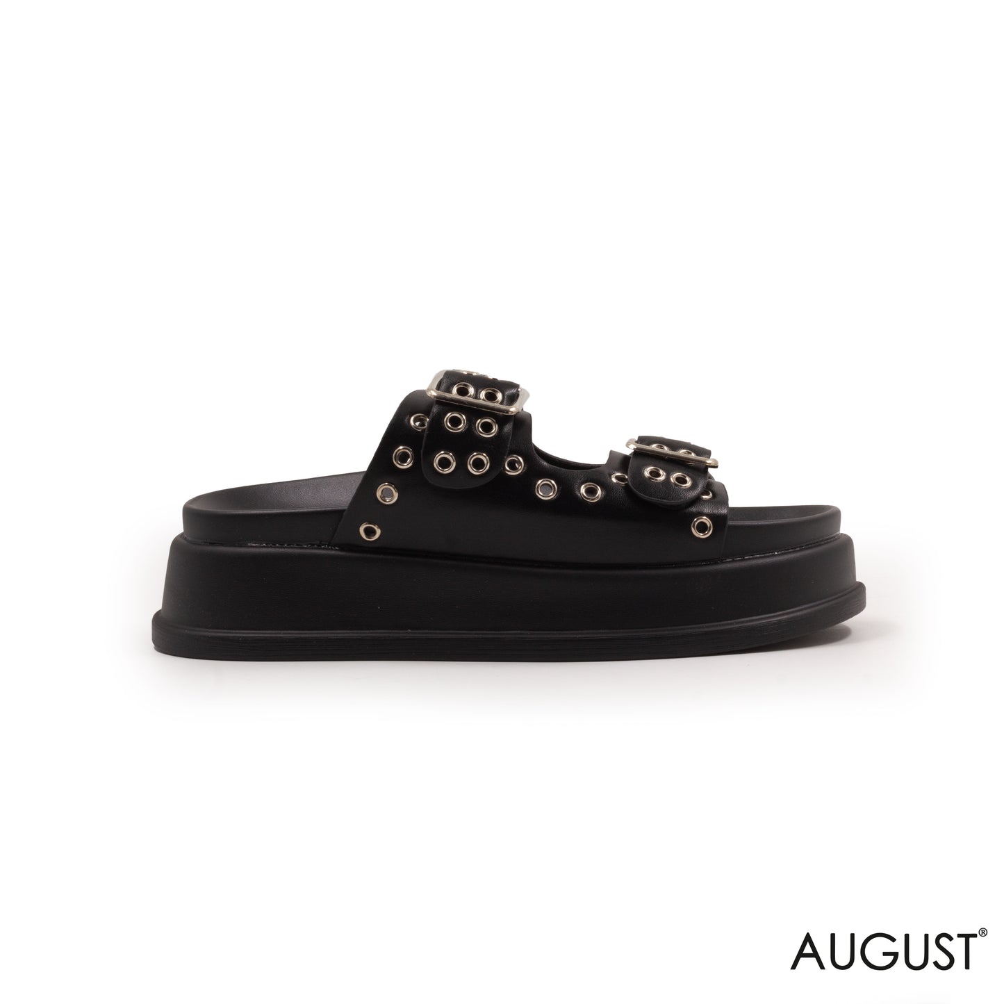 BLACK LEATHER SLIPPERS WITH METAL EYELETS AND BUCKLE