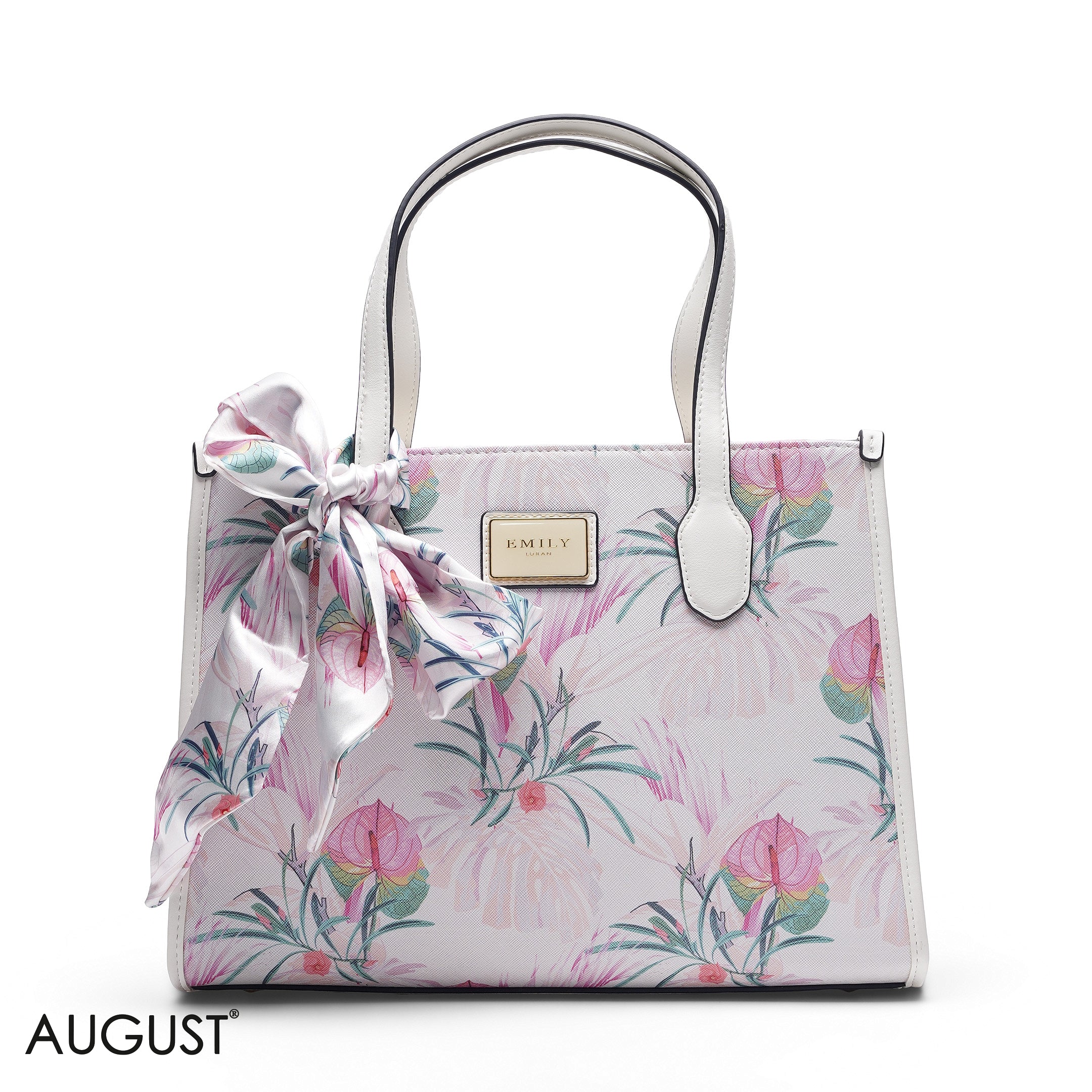 WHITE FLORAL LEATHER HANDBAG WITH FLORAL PRINT SCARF - LARGE