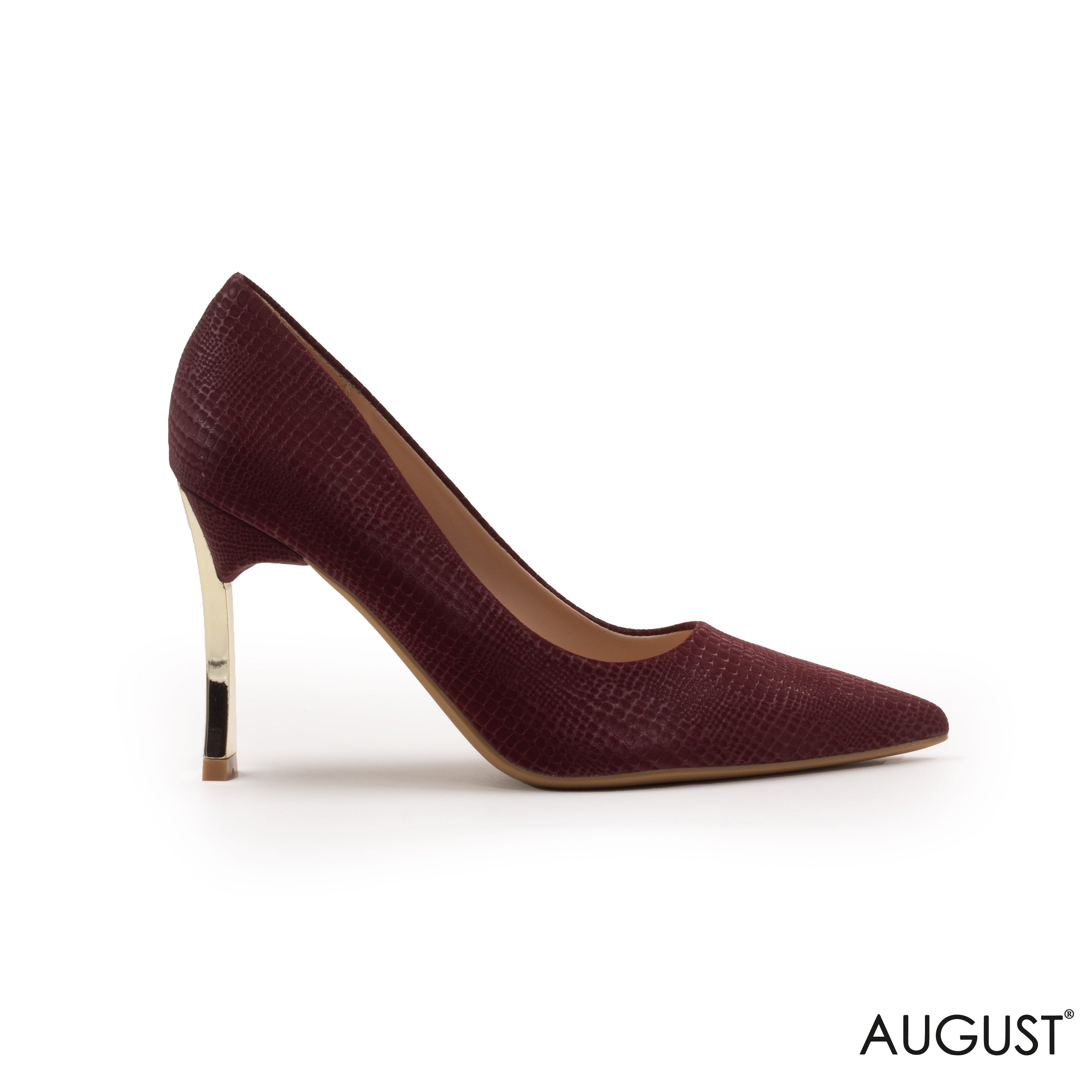 MAROON SNAKESKIN -EFFECT WITH METALLIC HEEL SHOES