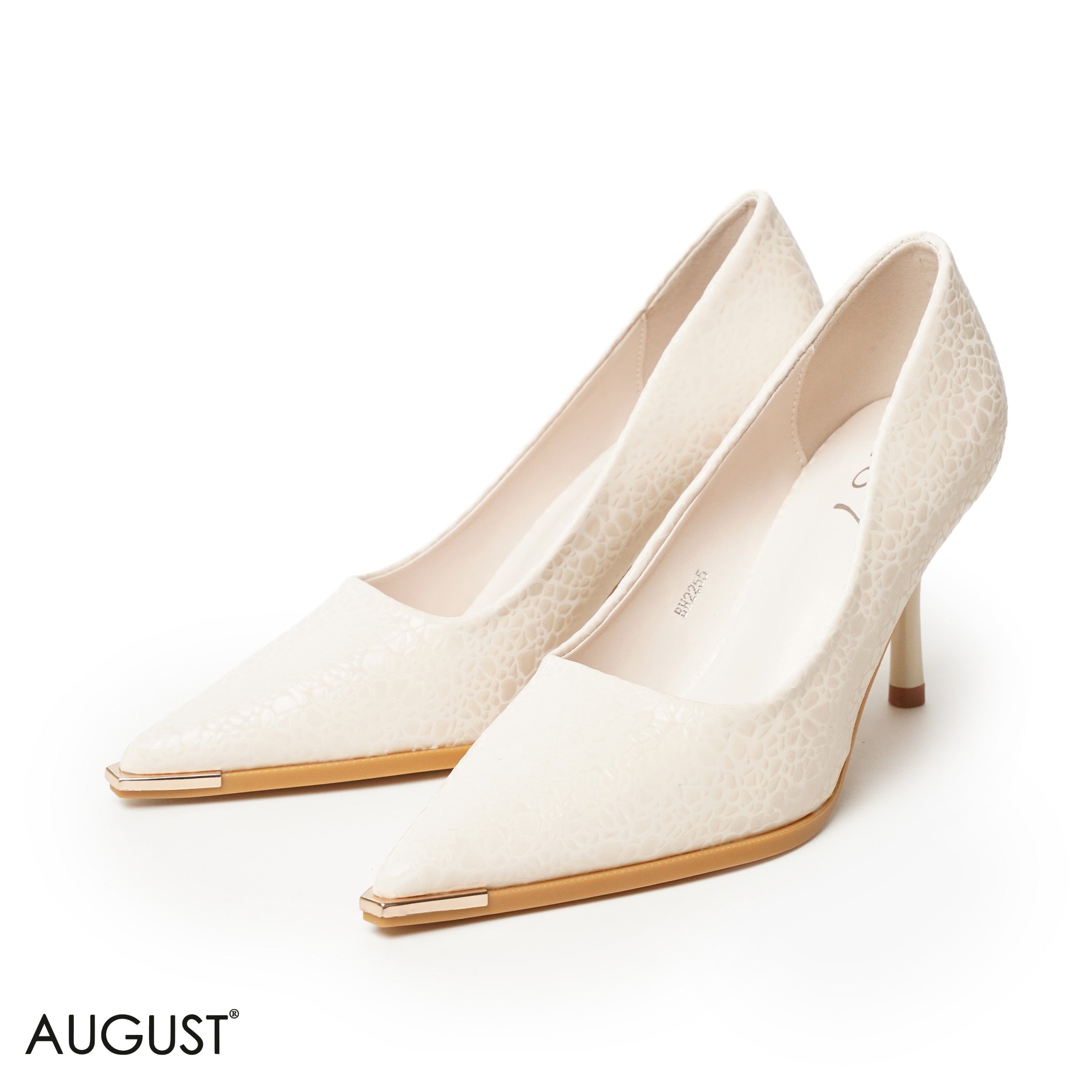 BEIGE GLOSSY LEATHER HEELS WITH CROC ACCENTS