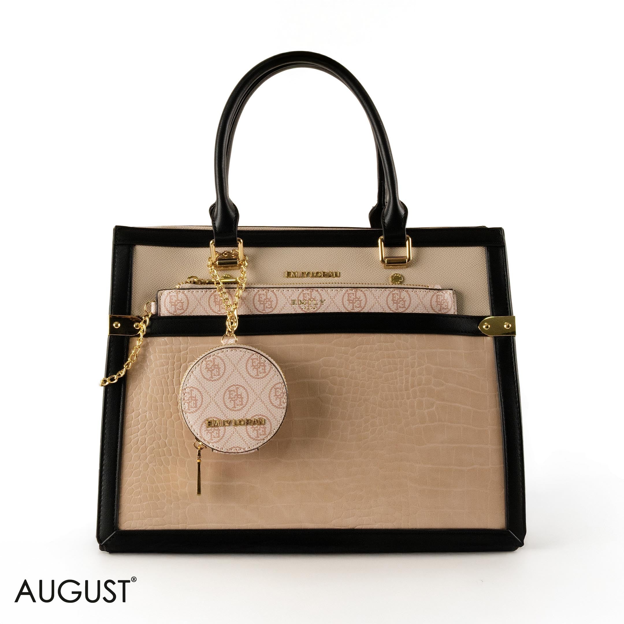 BEIGE LEATHER EMILY LORAN HANDBAG WITH PANTTERNED DETAILS - LARGE