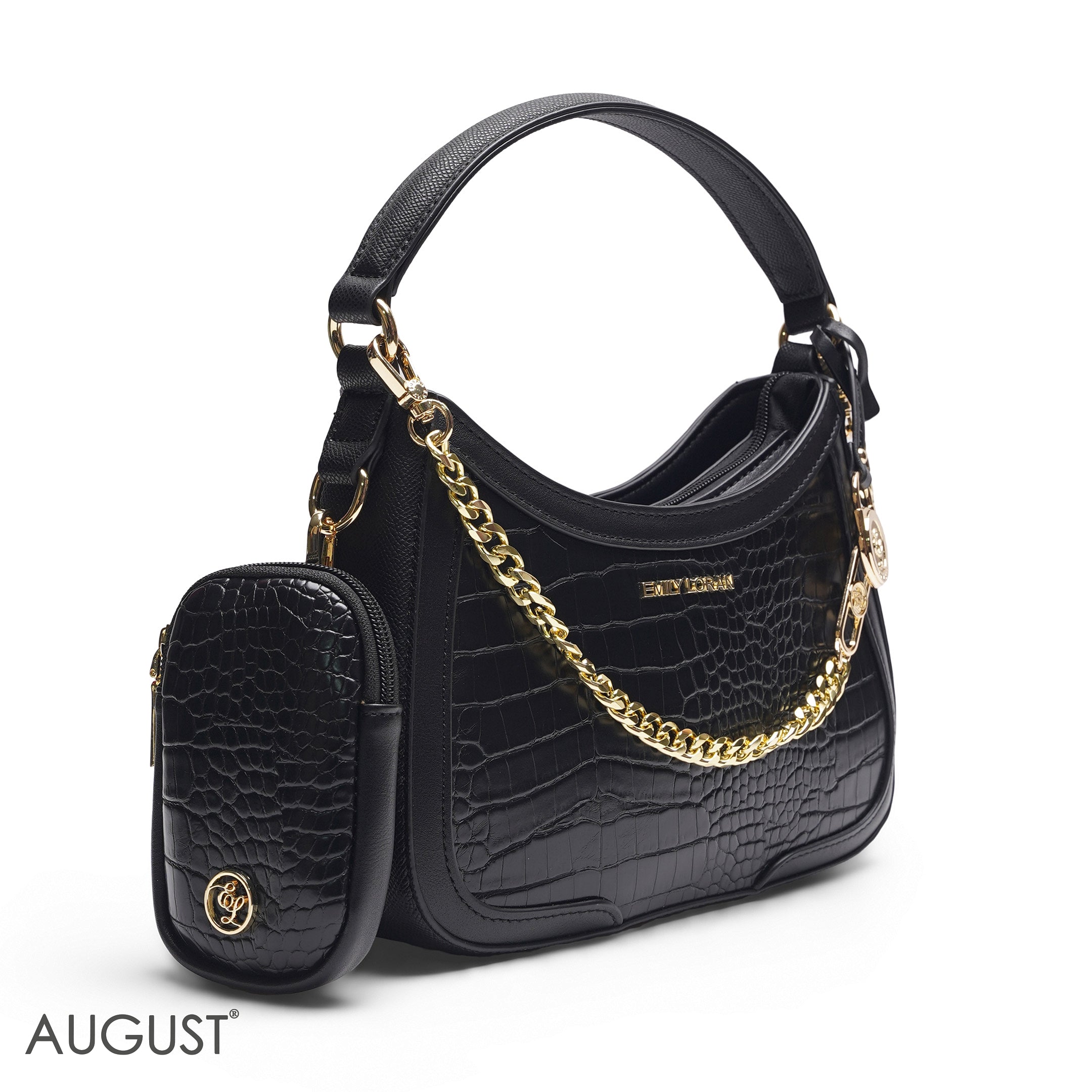 BLACK CROCODILE HOBO BAG WITH SIDE POUCH