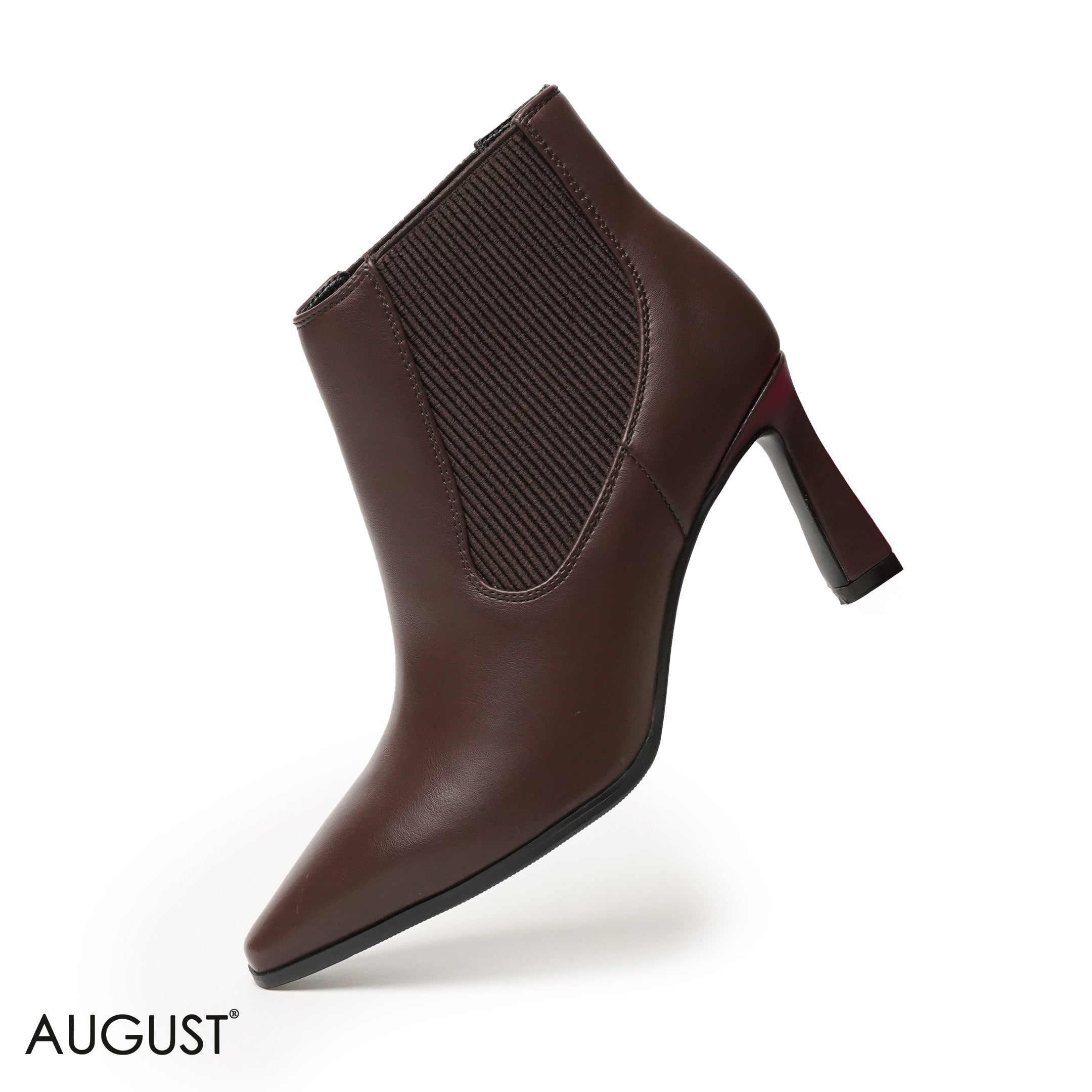 BROWN LEATHER HEELED BOOTS WITH ELASTIC FABRIC ACCENTS