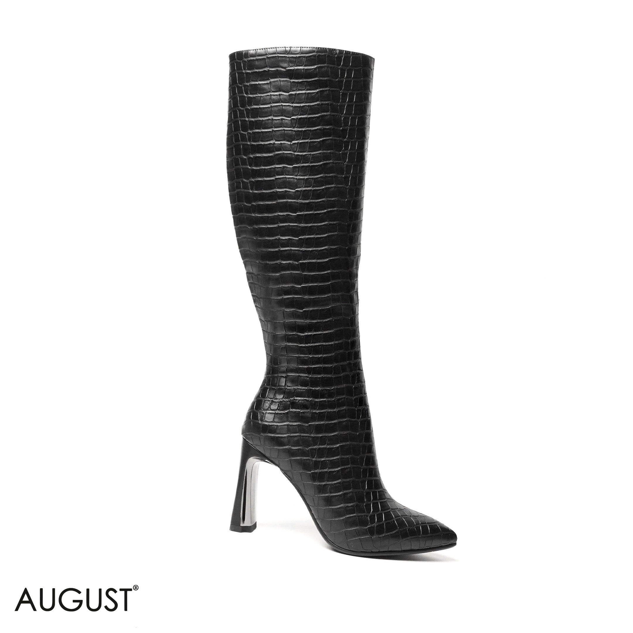 BLACK CROC LEATHER HEELED LONG BOOTS WITH SIDE ZIPPER
