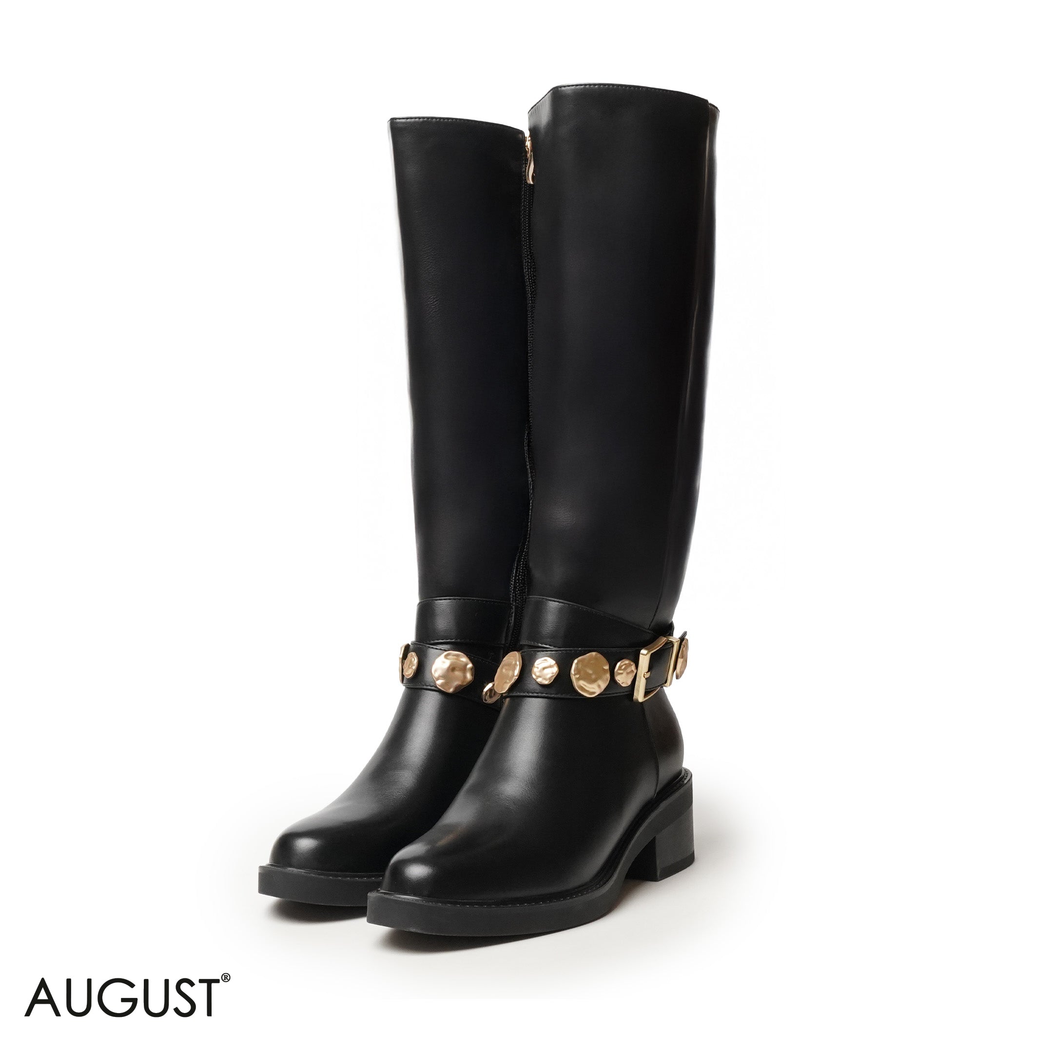 SMOOTH LEATHER LONG BOOTS WITH METAL ACCENTS