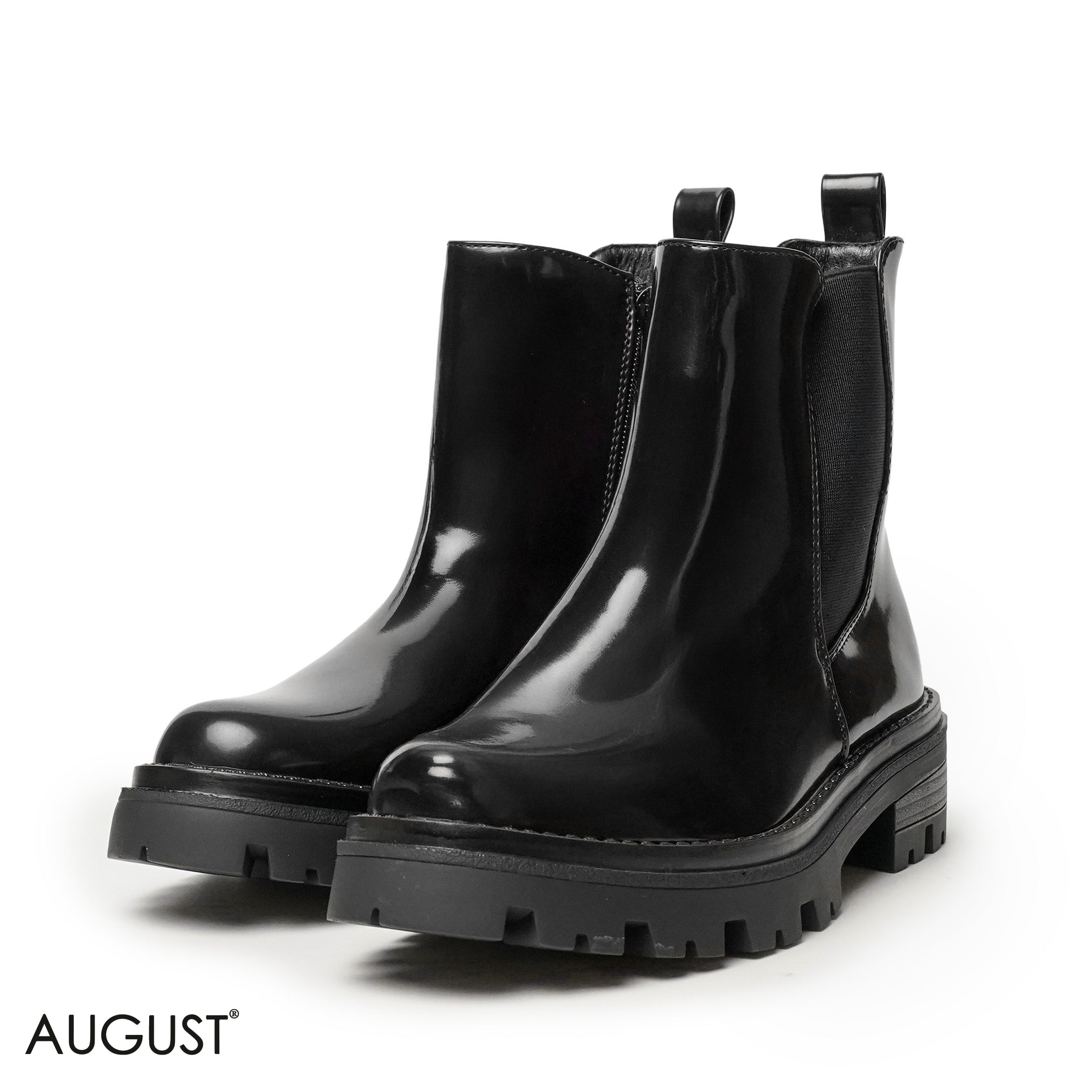 GLOSSY LEATHER ANKLE BOOTS WITH ELASTIC FABRIC