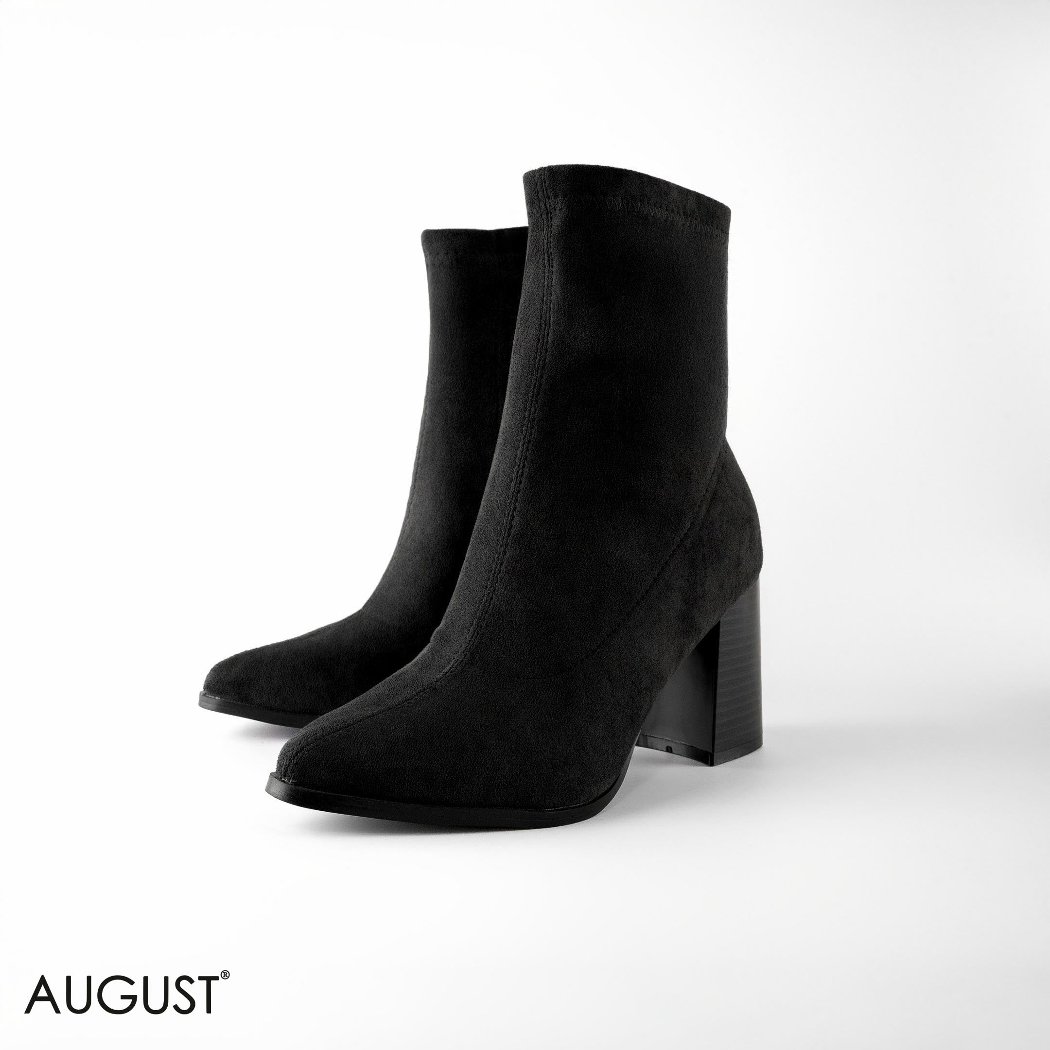 BLACK SUEDE HEELED STRETCHY SOCK BOOTS