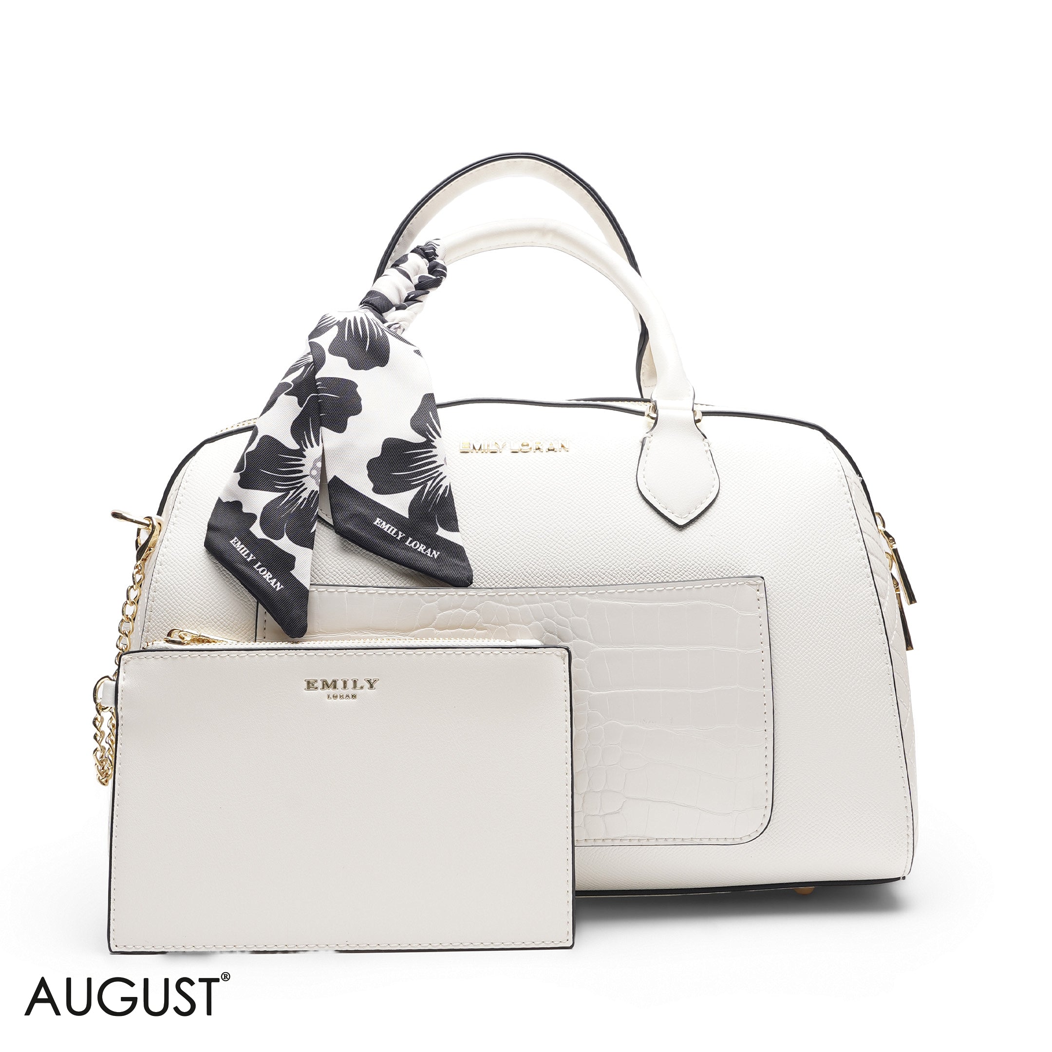 WHITE FLORAL BAG WITH FRONT POUCH & SCARF - LARGE