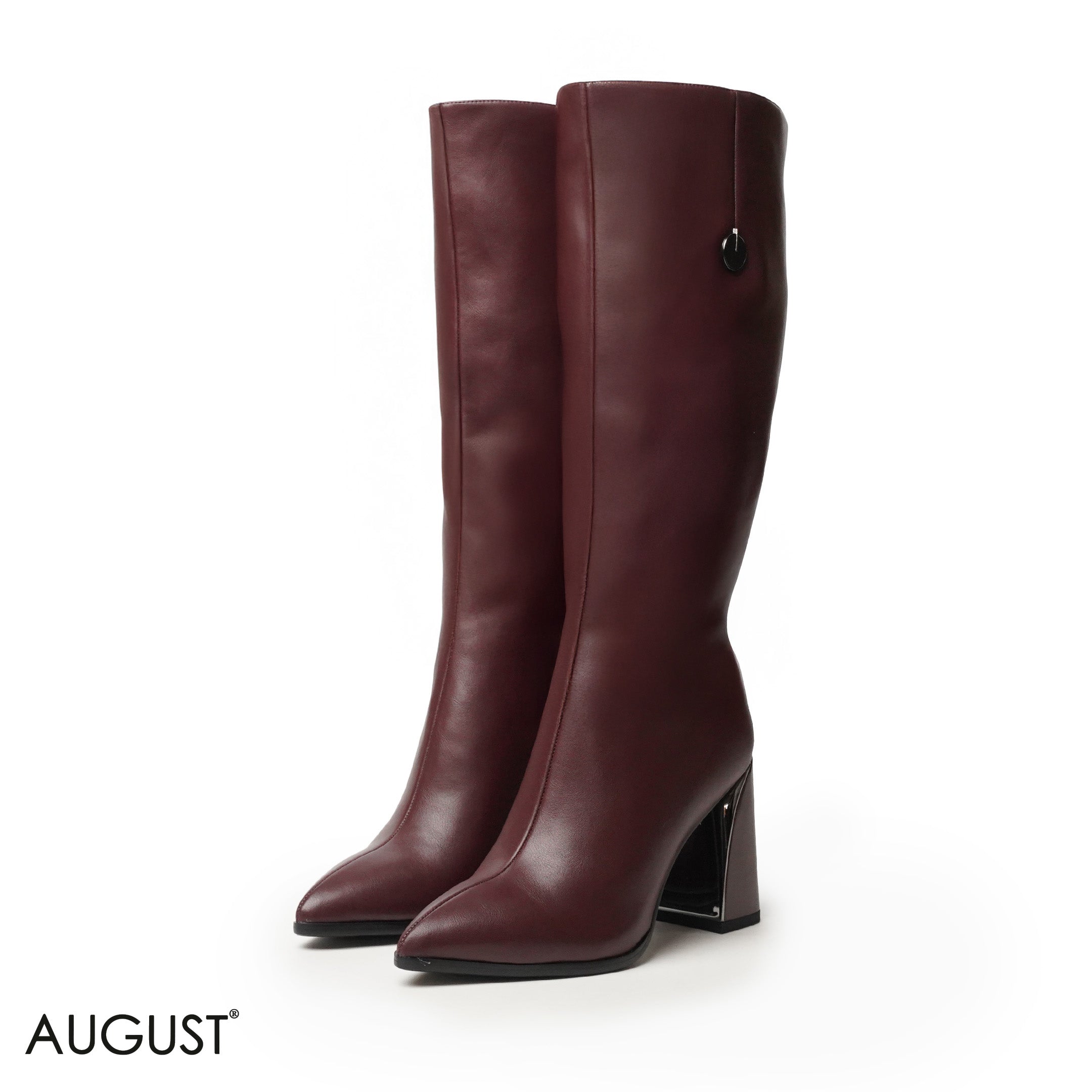 MAROON LEATHER HEELED LONG BOOTS WITH SIDE ZIPPER