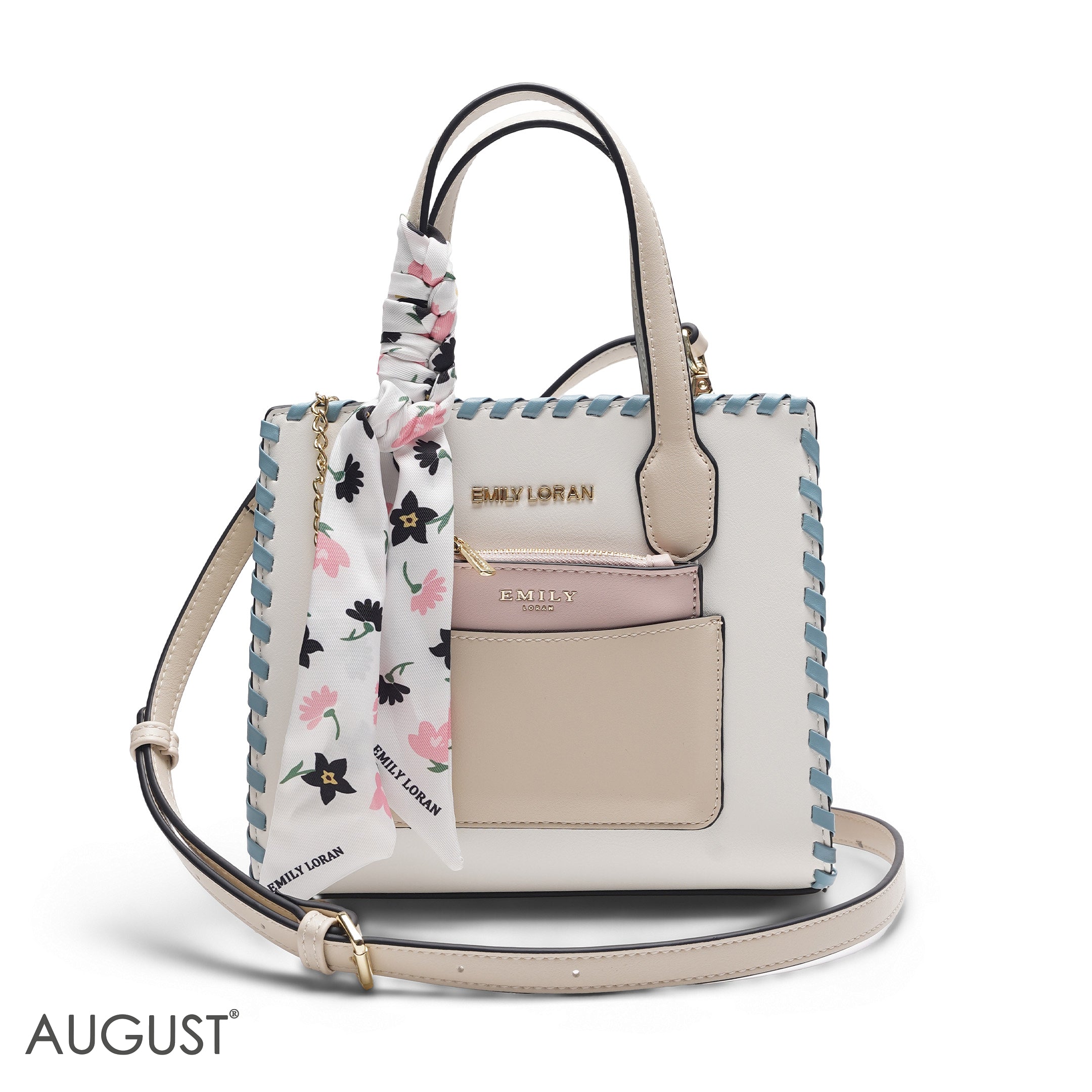 WHITE & BEIGE TOTE WITH PINK POUCH