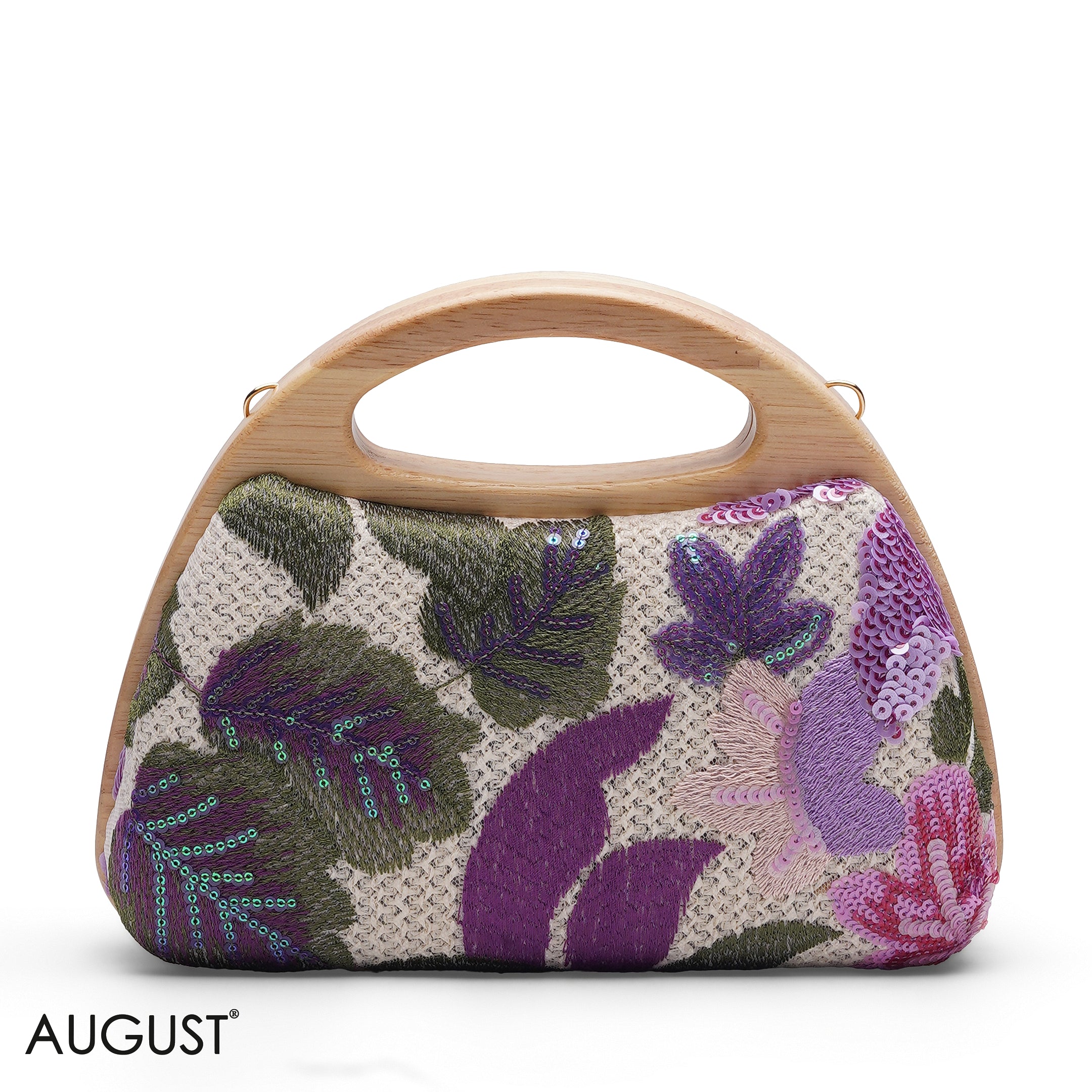 FLORAL EMBROIDERY WOODEN HANDLE CLUTCH