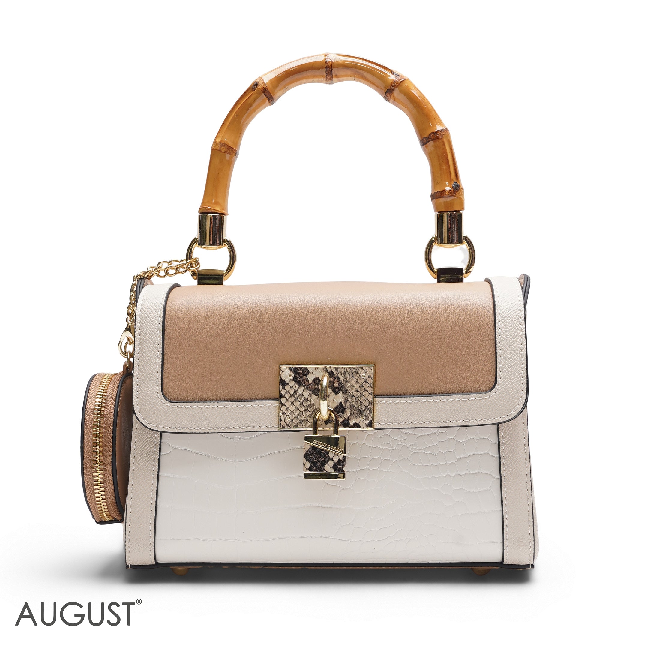 BEIGE & PEACH BAMBOO HANDLE BAG WITH ROUND POUCH